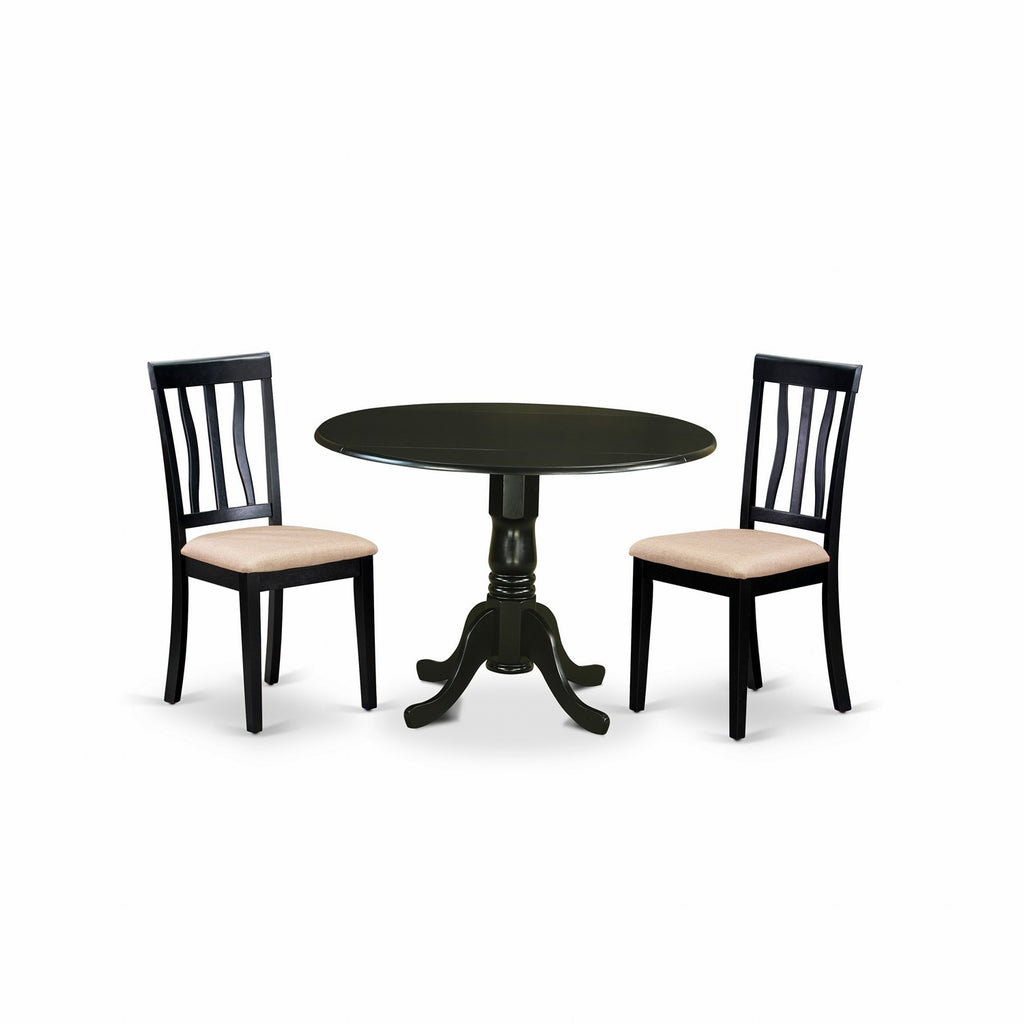 East West Furniture DLAN3-BLK-C 3 Piece Dining Table Set for Small Spaces Contains a Round Dining Room Table with Dropleaf and 2 Linen Fabric Upholstered Chairs, 42x42 Inch, Black