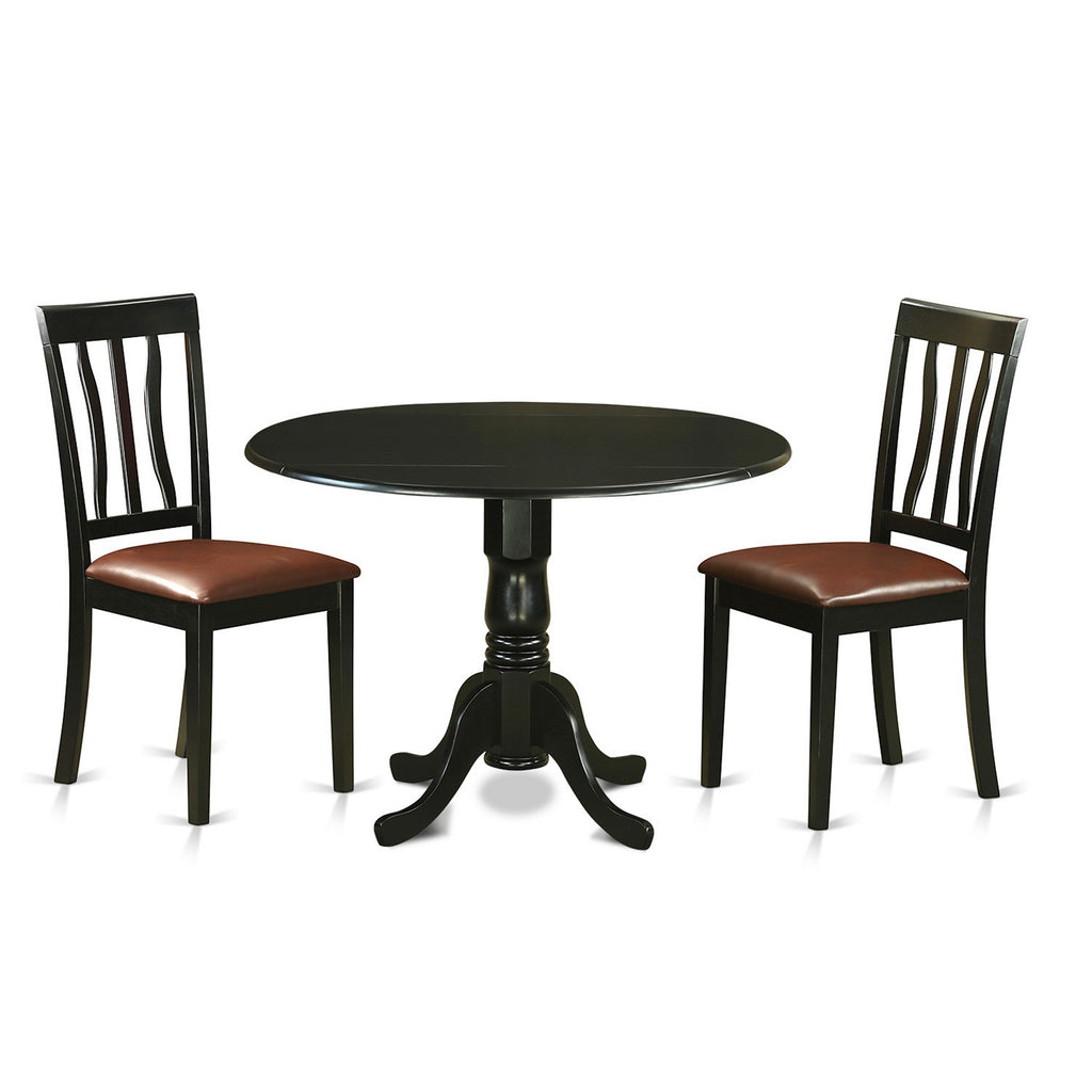 East West Furniture DLAN3-BLK-LC 3 Piece Dinette Set for Small Spaces Contains a Round Dining Table with Dropleaf and 2 Faux Leather Upholstered Dining Chairs, 42x42 Inch, Black