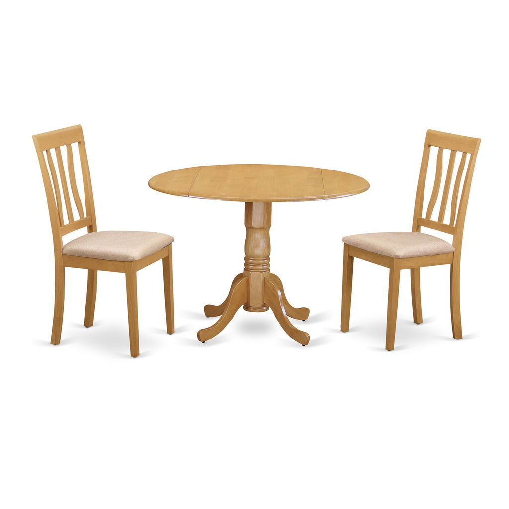 East West Furniture DLAN3-OAK-C 3 Piece Kitchen Table & Chairs Set Contains a Round Dining Room Table with Dropleaf and 2 Linen Fabric Upholstered Dining Chairs, 42x42 Inch, Oak