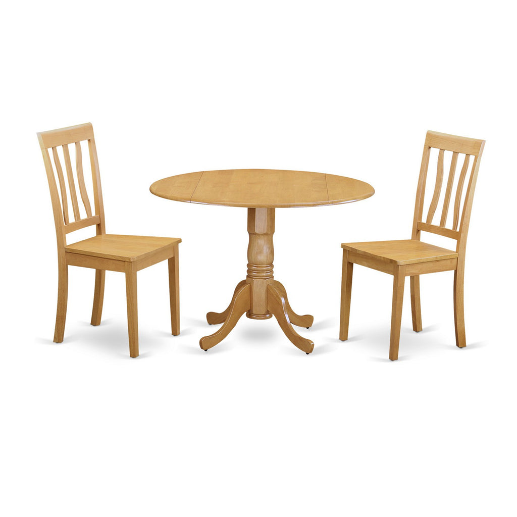 East West Furniture DLAN3-OAK-W 3 Piece Dinette Set for Small Spaces Contains a Round Dining Table with Dropleaf and 2 Dining Room Chairs