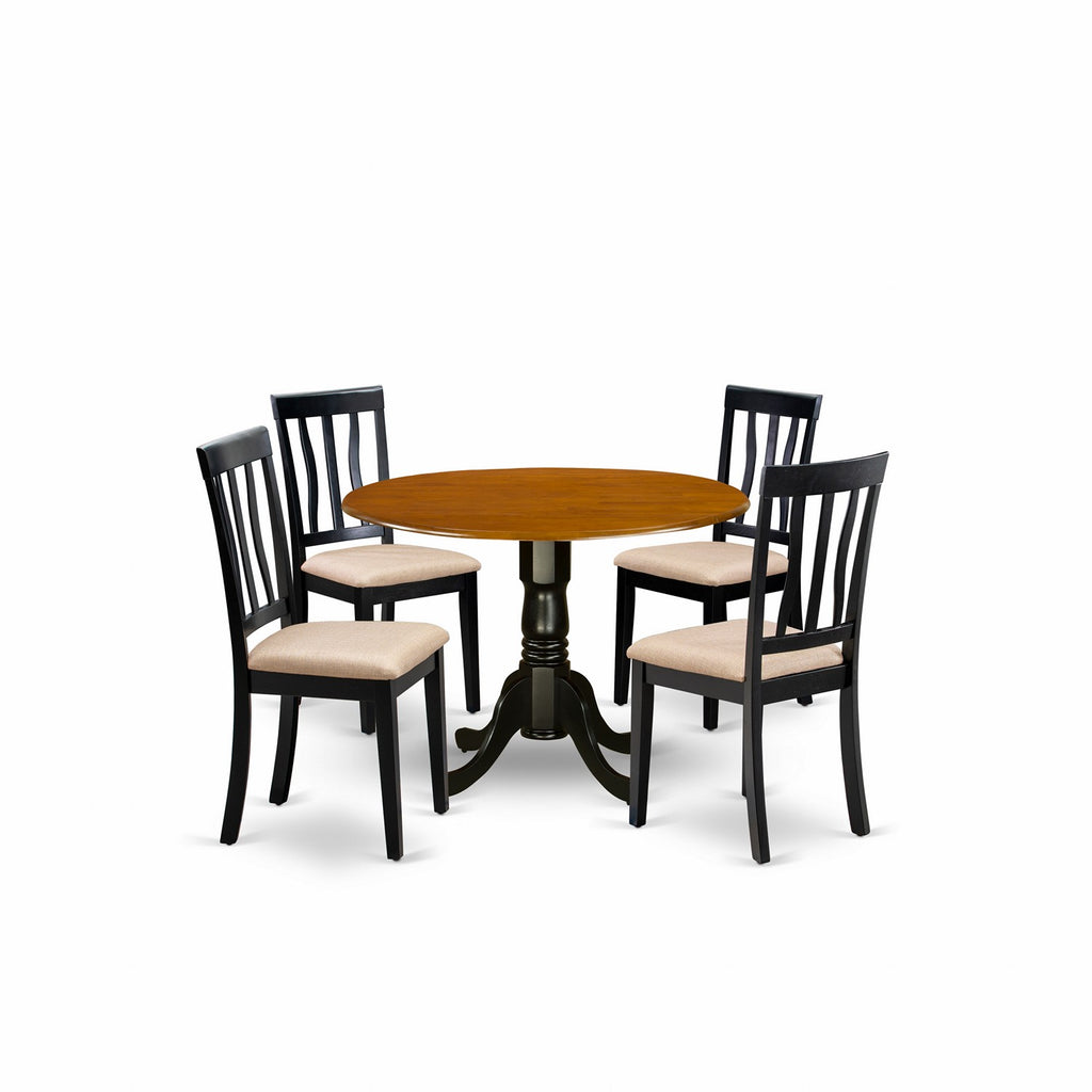 East West Furniture DLAN5-BCH-C 5 Piece Dining Table Set for 4 Includes a Round Kitchen Table with Dropleaf and 4 Linen Fabric Kitchen Dining Chairs, 42x42 Inch, Black & Cherry