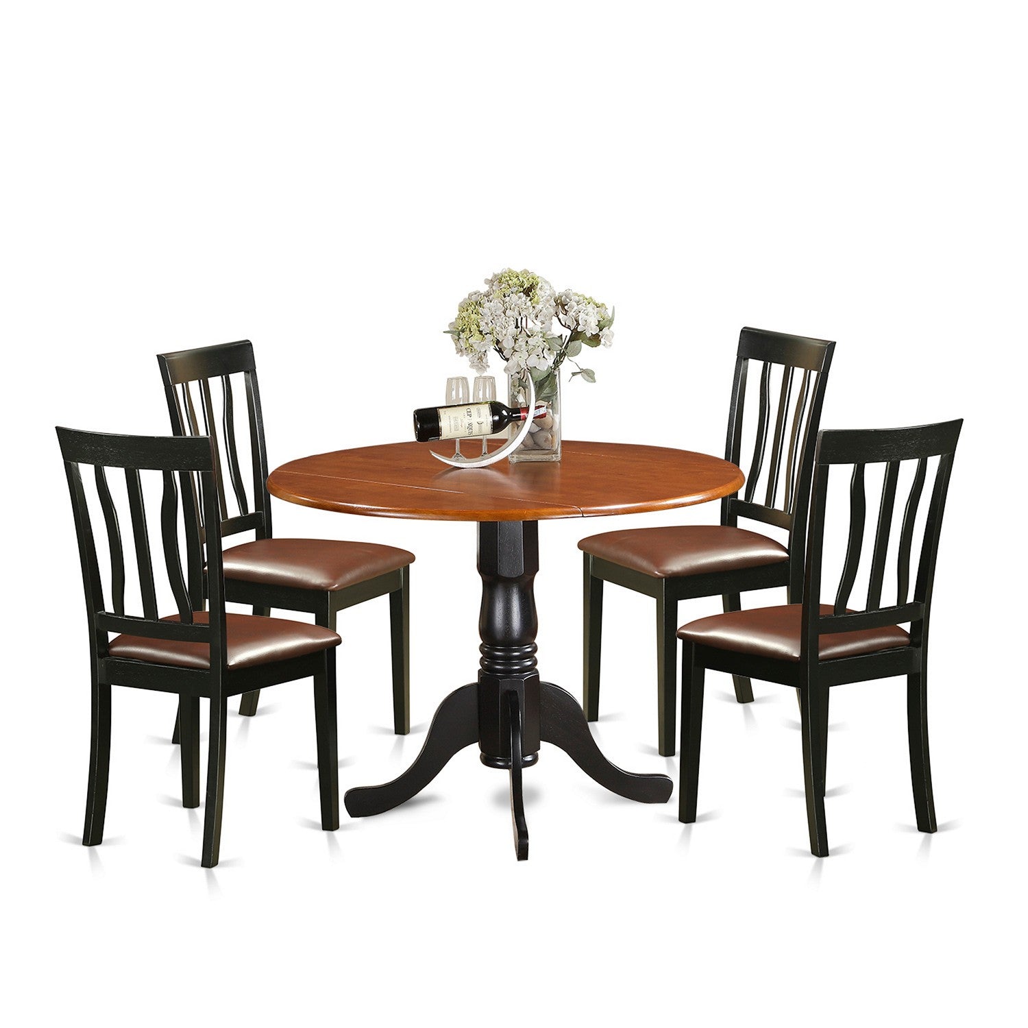 El juego de comedor de 5 piezas East West Furniture DLAN5-BCH-LC incluye una mesa de cocina redonda con alas abatibles y 4 sillas de comedor tapizadas en piel sintética.