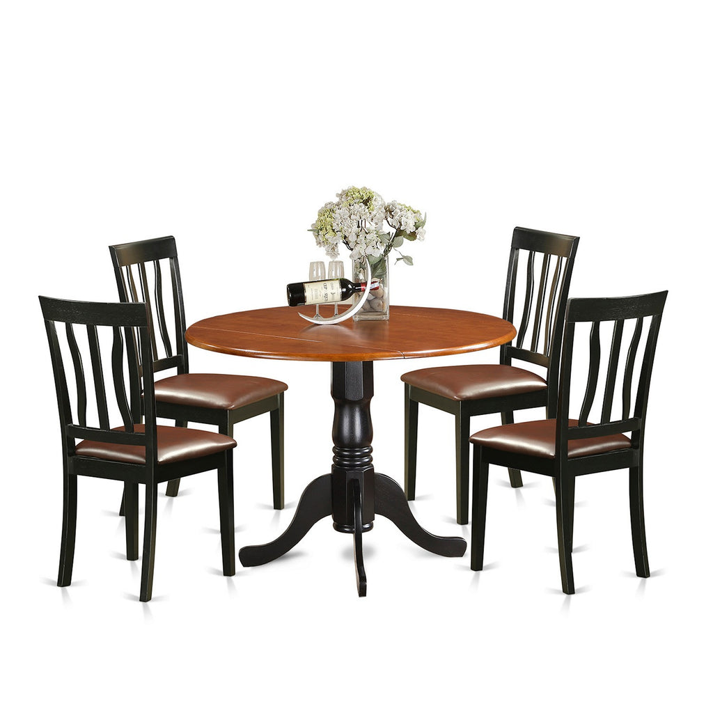 East West Furniture DLAN5-BCH-LC 5 Piece Dining Room Furniture Set Includes a Round Kitchen Table with Dropleaf and 4 Faux Leather Upholstered Dining Chairs