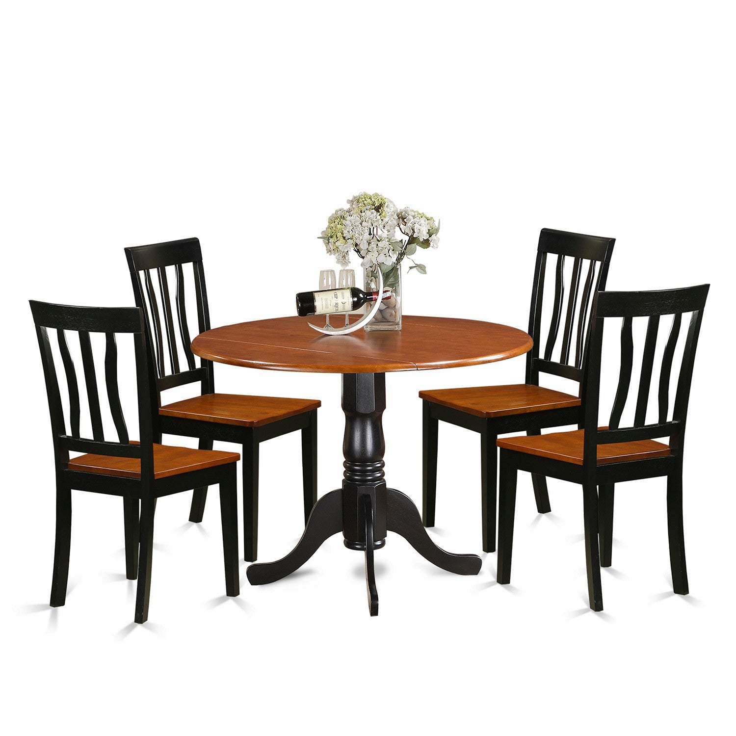 Juego de comedor de 5 piezas East West Furniture DLAN5-BCH-W para 4 personas. Incluye una mesa de comedor redonda con alas abatibles y 4 sillas de comedor.