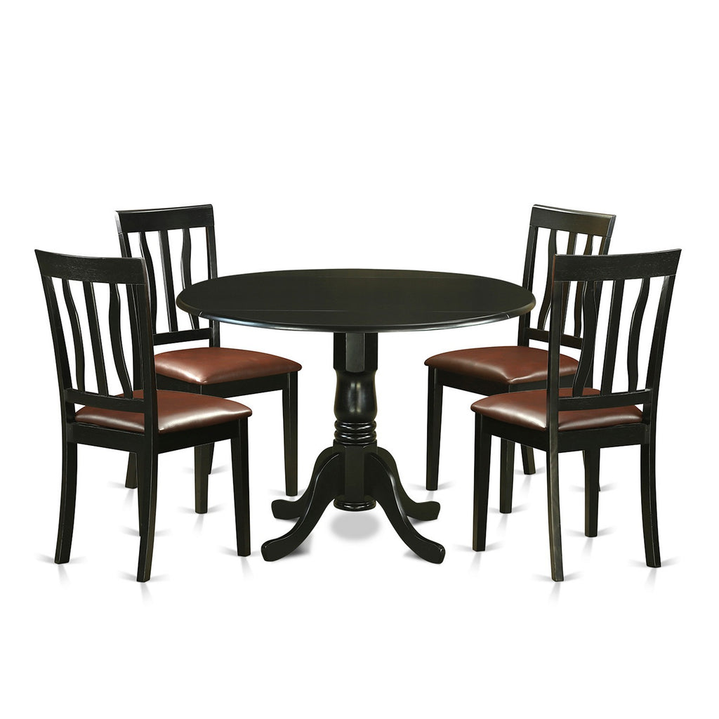 Juego de mesa de comedor de 5 piezas East West Furniture DLAN5-BLK-LC para 4 personas. Incluye una mesa de cocina redonda con alas abatibles y 4 sillas de comedor de piel sintética.