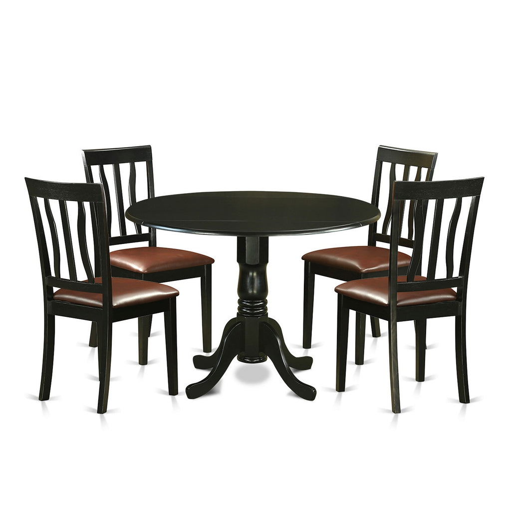 East West Furniture DLAN5-BLK-LC 5 Piece Dining Table Set for 4 Includes a Round Kitchen Table with Dropleaf and 4 Faux Leather Dining Room Chairs, 42x42 Inch, Black