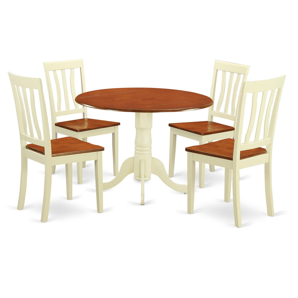 Juego de mesa y sillas de cocina de 5 piezas DLAN5-BMK-W de East West Furniture. Incluye una mesa de comedor redonda con alas abatibles y 4 sillas con asiento de madera maciza.