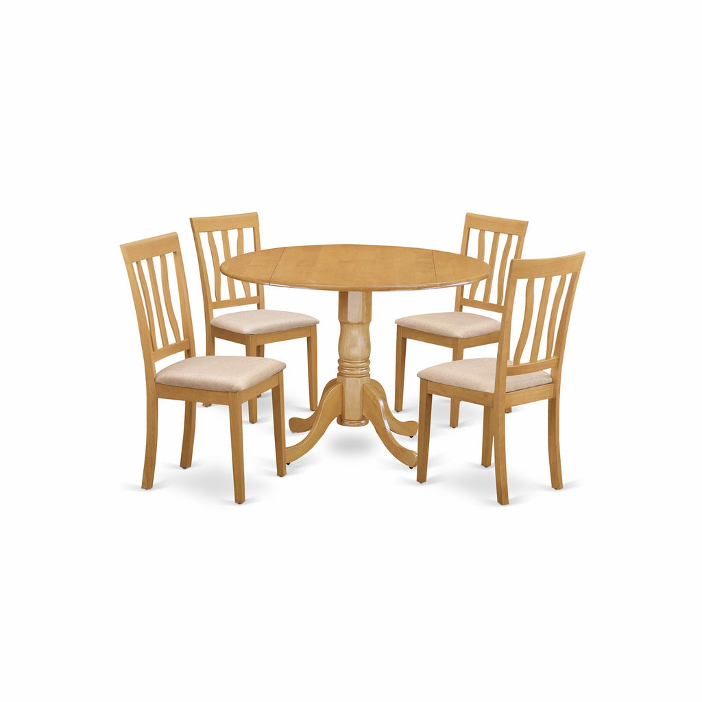 East West Furniture DLAN5-OAK-C 5 Piece Kitchen Table Set for 4 Includes a Round Dining Room Table with Dropleaf and 4 Linen Fabric Upholstered Dining Chairs