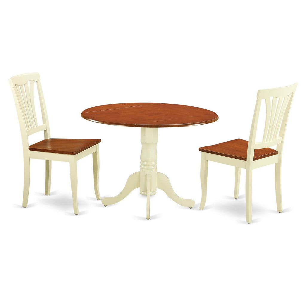 Juego de mesa de comedor de 3 piezas East West Furniture DLAV3-BMK-W para espacios pequeños. Contiene una mesa de comedor redonda con alas abatibles y 2 sillas con asiento de madera.