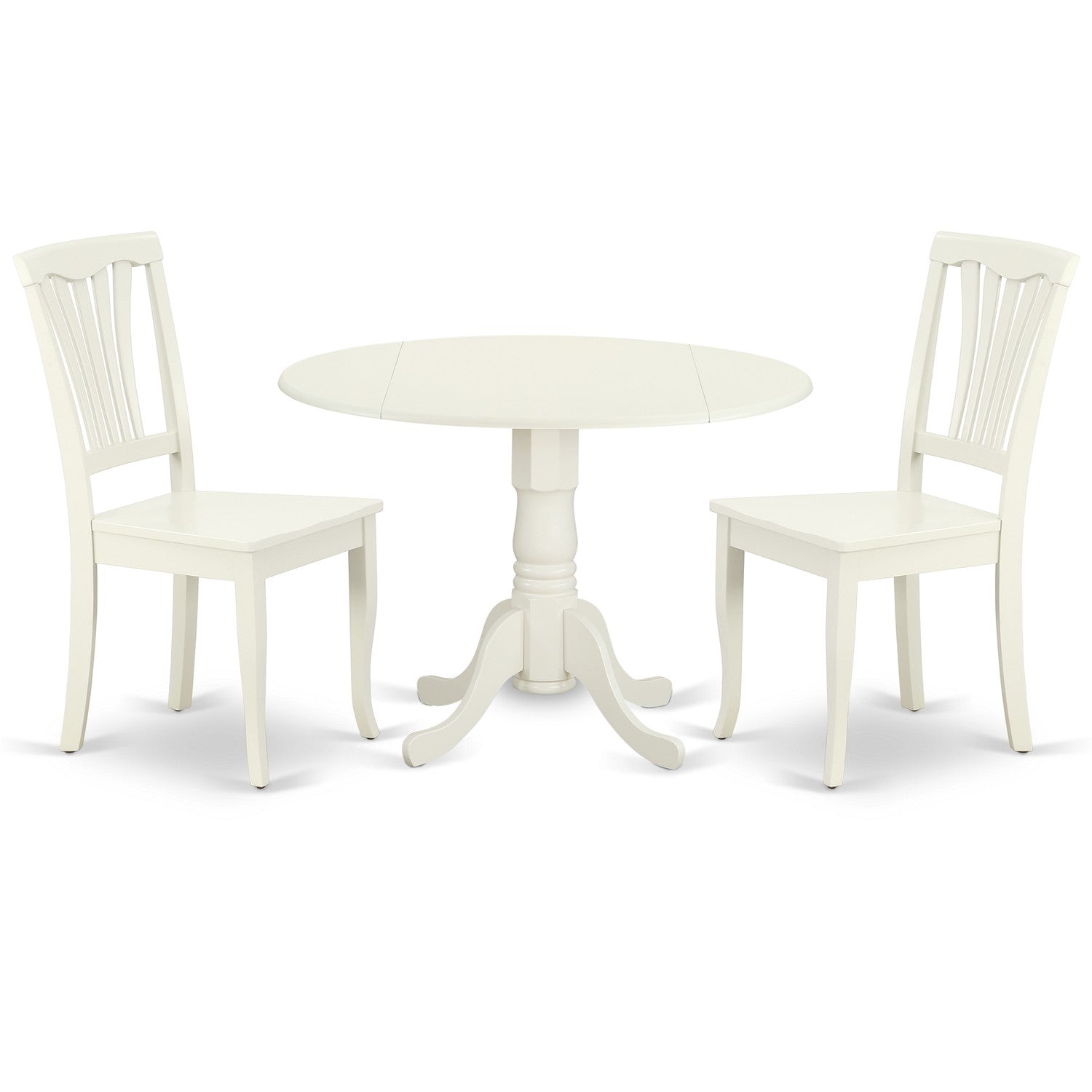DLAV3-LWH-W 3PC Round 42 inch Table with Two 9-Inch Drop Leaves and 2 vertical slatted Chairs