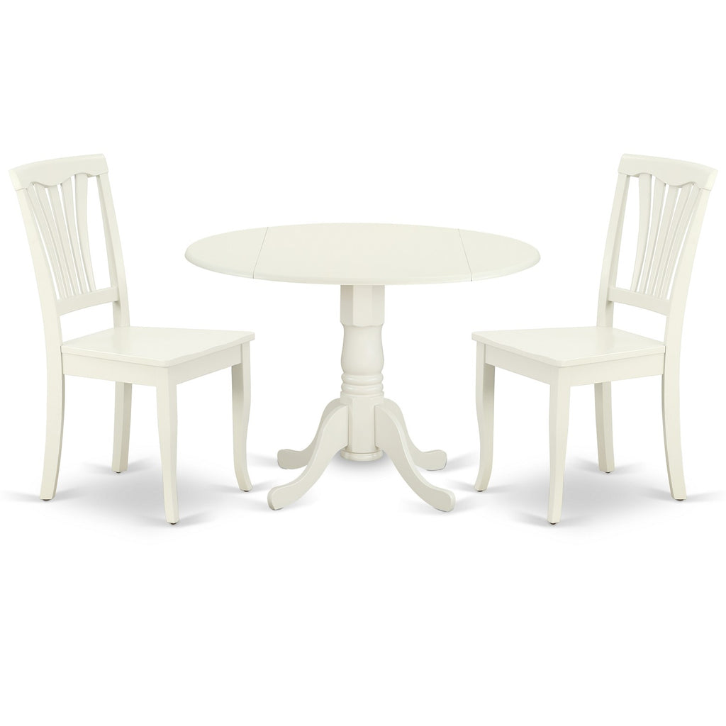 Juego de mesa de comedor de 3 piezas East West Furniture DLAV3-LWH-W para espacios pequeños. Contiene una mesa de comedor redonda con alas abatibles y 2 sillas con asiento de madera.