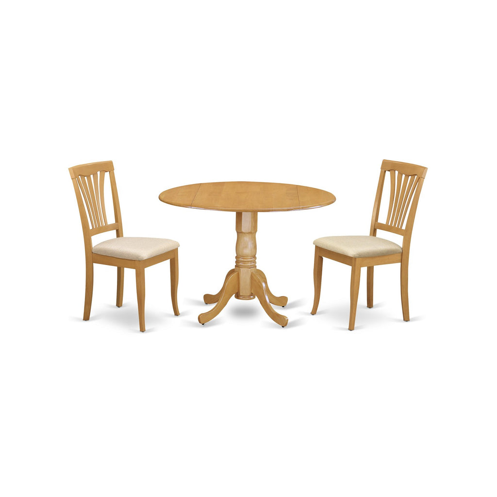 Juego de comedor de 3 piezas East West Furniture DLAV3-OAK-C que incluye una mesa de comedor redonda con alas abatibles y 2 sillas de cocina de tela de lino.