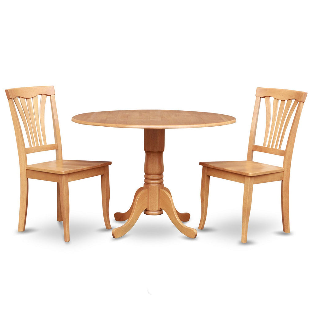 East West Furniture DLAV3-OAK-W 3 Piece Dining Room Furniture Set Contains a Round Kitchen Table with Dropleaf and 2 Dining Chairs, 42x42 Inch, Oak
