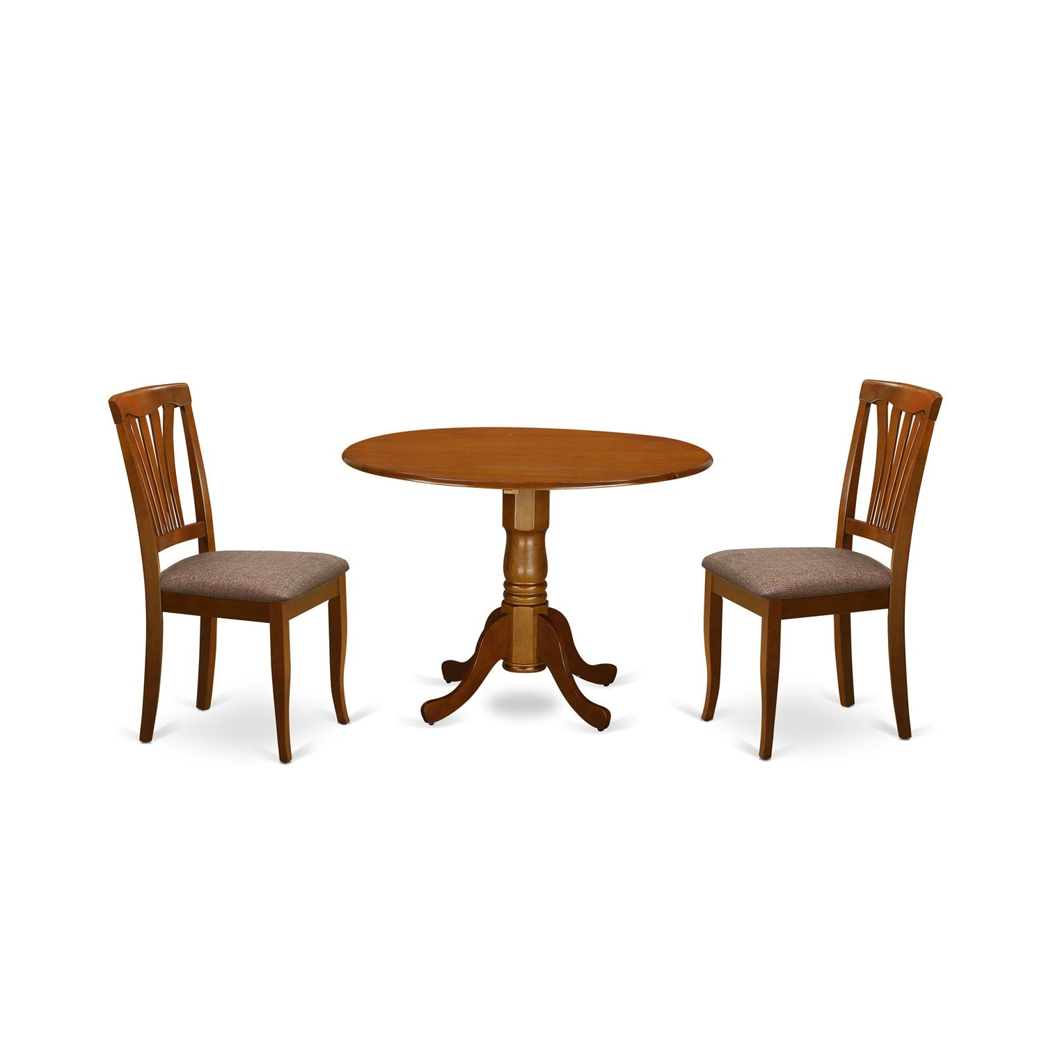 Juego de mesa de comedor de 3 piezas East West Furniture DLAV3-SBR-C. Incluye una mesa de comedor redonda con alas abatibles y 2 sillas tapizadas en tela de lino.