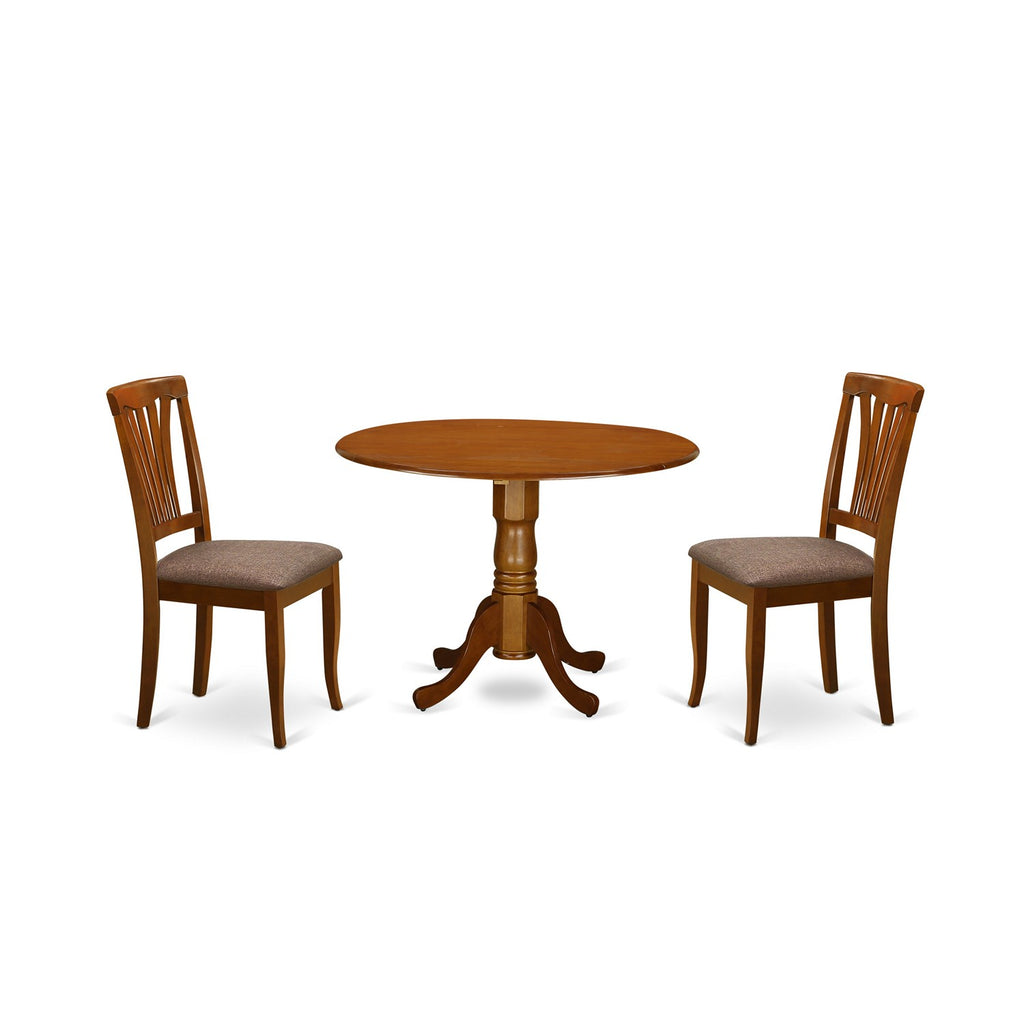 East West Furniture DLAV3-SBR-C 3 Piece Dining Room Table Set  Contains a Round Dining Table with Dropleaf and 2 Linen Fabric Upholstered Chairs, 42x42 Inch, Saddle Brown