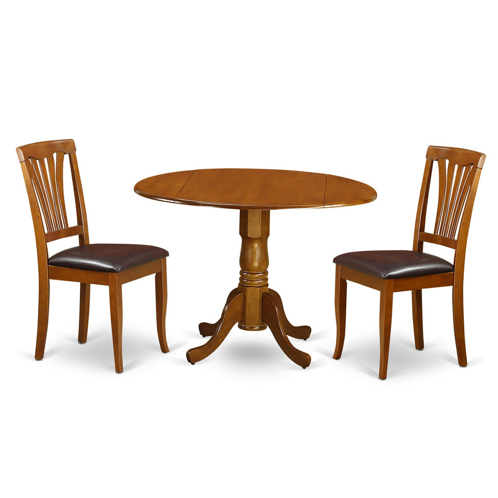 East West Furniture DLAV3-SBR-LC 3 Piece Dining Set Contains a Round Dining Table with Dropleaf and 2 Faux Leather Kitchen Room Chairs, 42x42 Inch, Saddle Brown