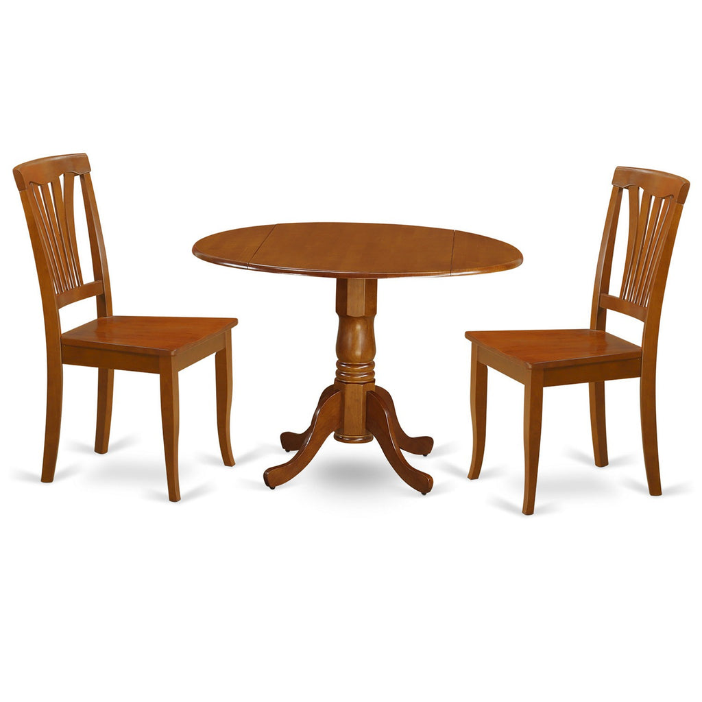 Juego de mesa de comedor de 3 piezas East West Furniture DLAV3-SBR-W para espacios pequeños. Contiene una mesa de comedor redonda con alas abatibles y 2 sillas con asiento de madera.