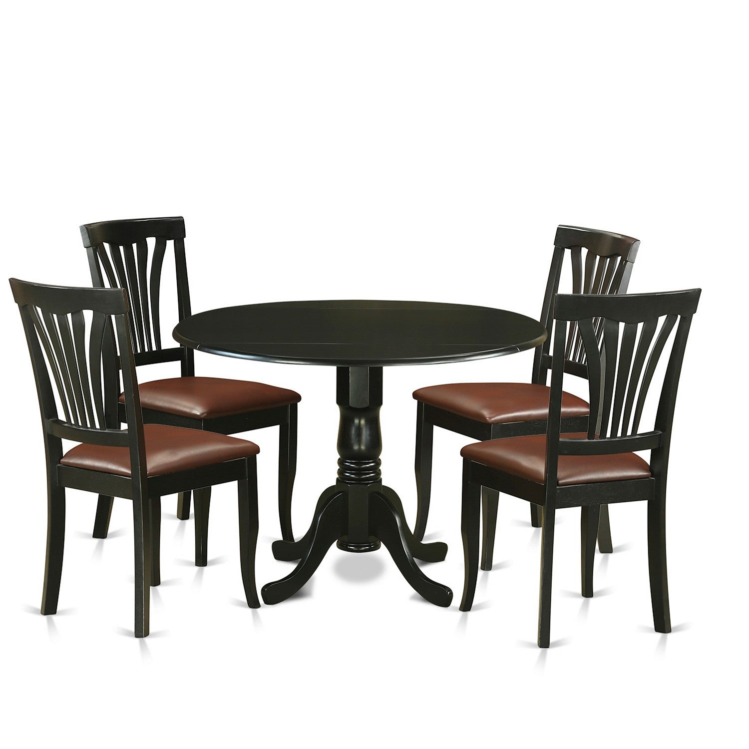 El juego de mesa de comedor moderno de 5 piezas East West Furniture DLAV5-BLK-LC incluye una mesa redonda de madera con alas abatibles y 4 sillas de comedor tapizadas en piel sintética.