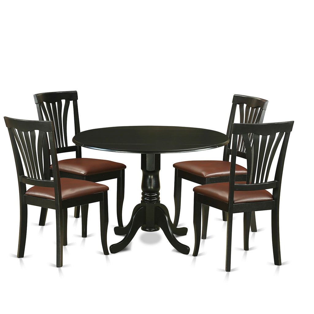 El juego de mesa de comedor moderno de 5 piezas East West Furniture DLAV5-BLK-LC incluye una mesa redonda de madera con alas abatibles y 4 sillas de comedor tapizadas en piel sintética.