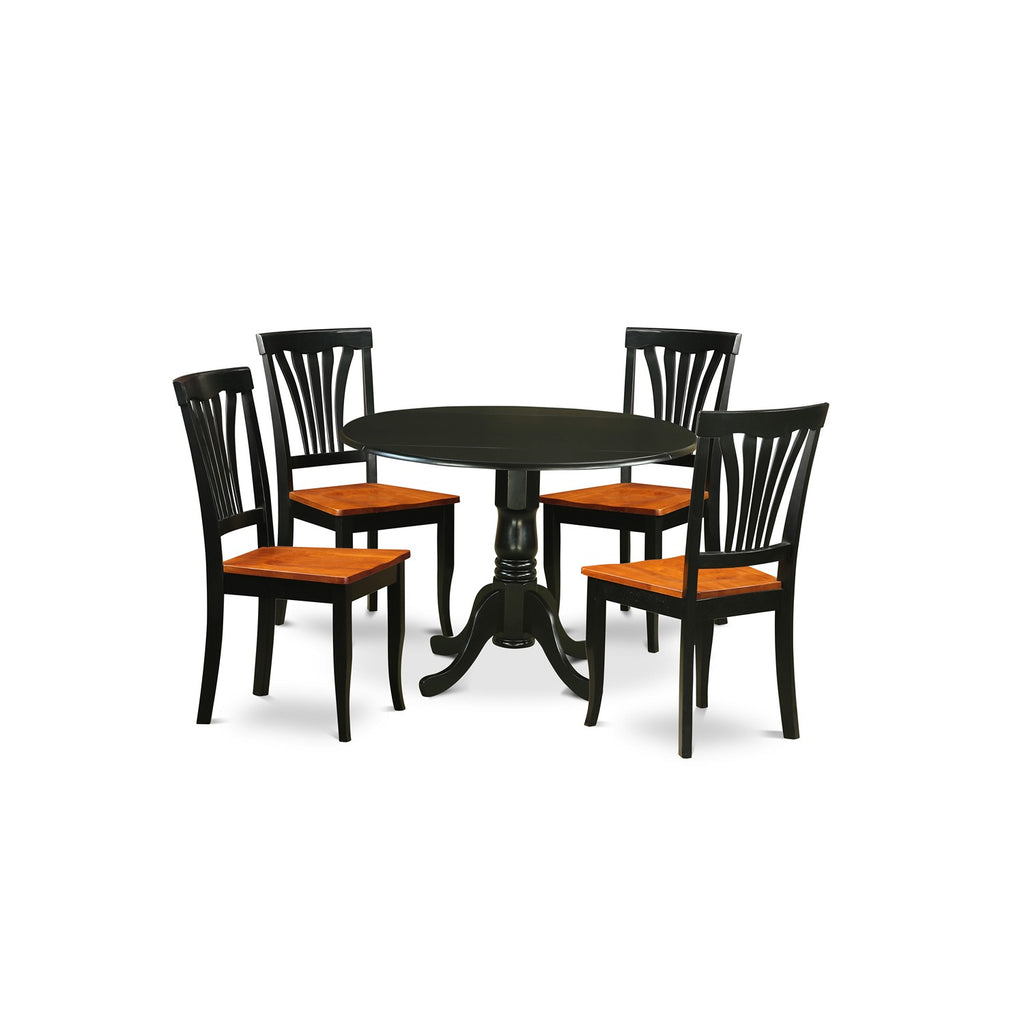 El juego de comedor de 5 piezas East West Furniture DLAV5-BLK-W incluye una mesa de comedor redonda con alas abatibles y 4 sillas de cocina.