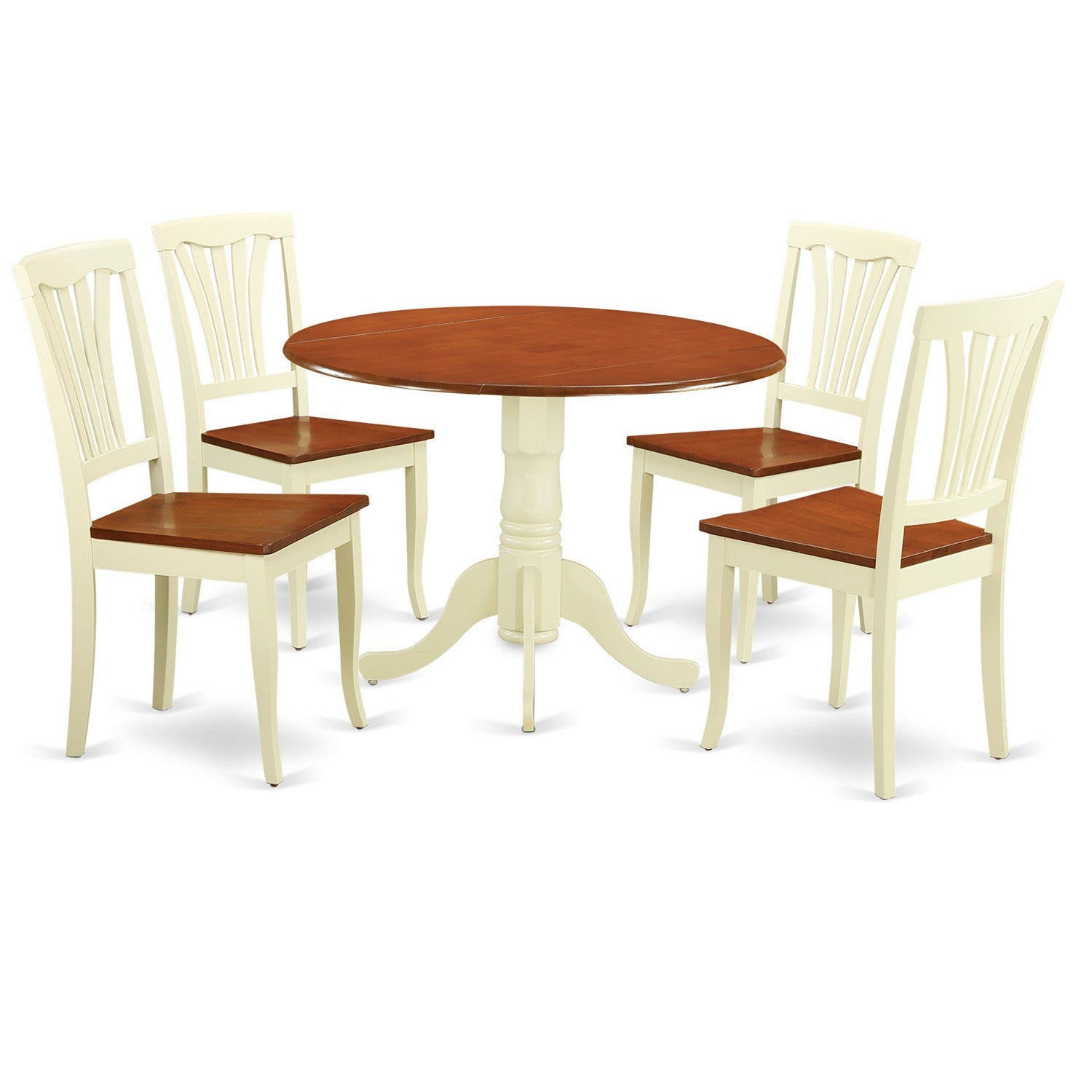 Juego de mesa de cocina de 5 piezas East West Furniture DLAV5-BMK-W para 4 personas. Incluye una mesa de comedor redonda con alas abatibles y 4 sillas con asiento de madera maciza.