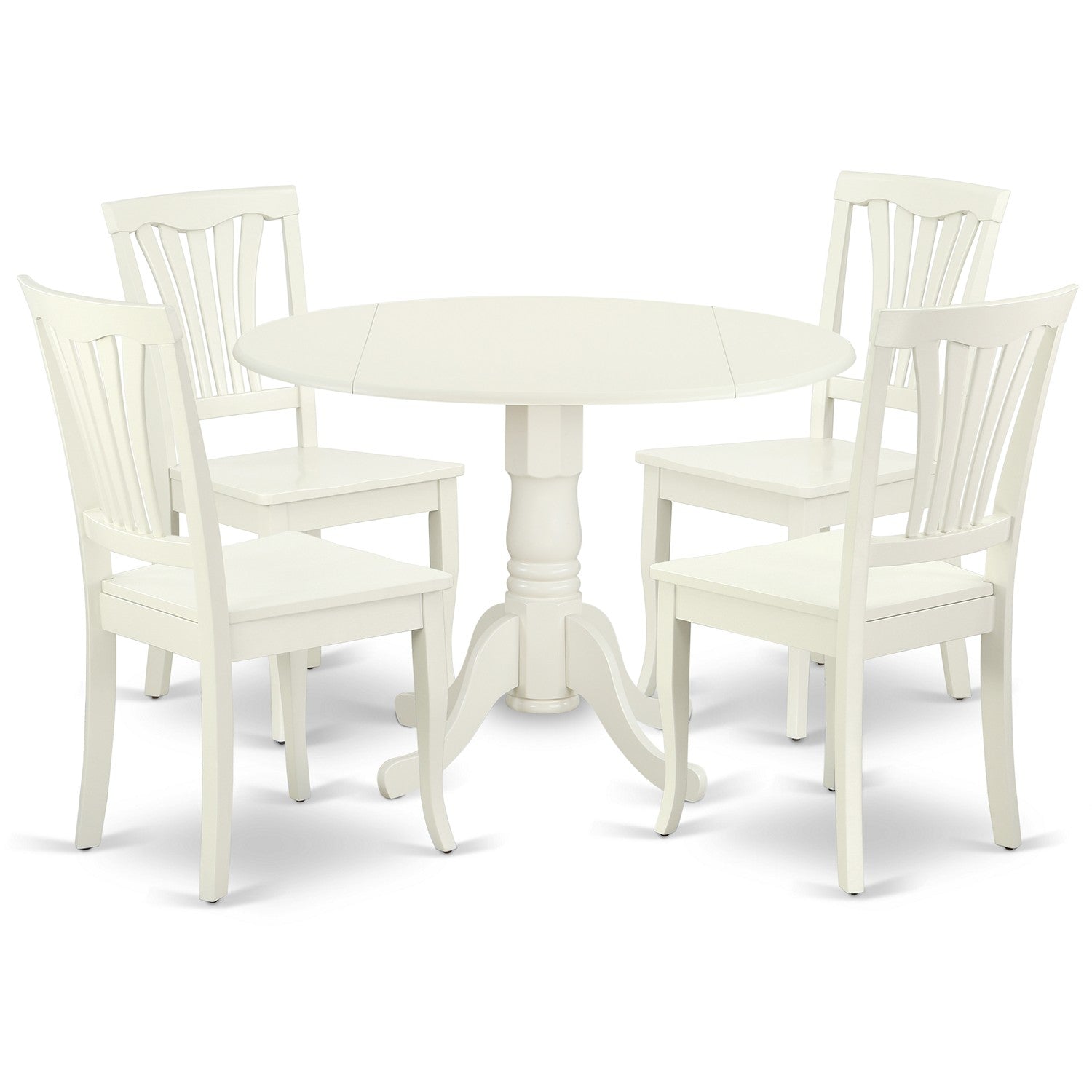DLAV5-LWH-W 5PC Round 42 inch Table with Two 9-Inch Drop Leaves and 4 vertical slatted Chairs