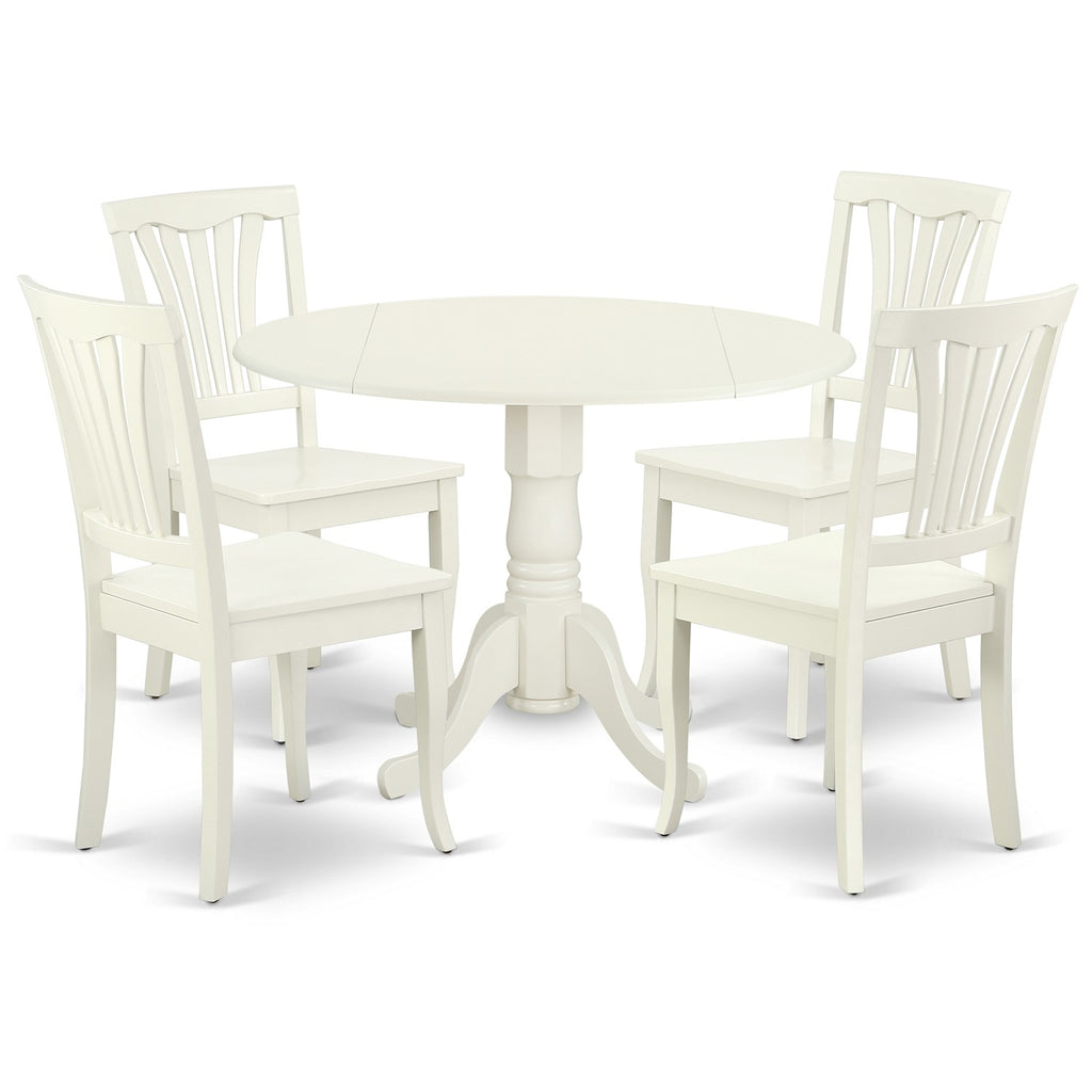 East West Furniture DLAV5-LWH-W 5 Piece Dining Set Includes a Round Dining Room Table with Dropleaf and 4 Wood Seat Chairs