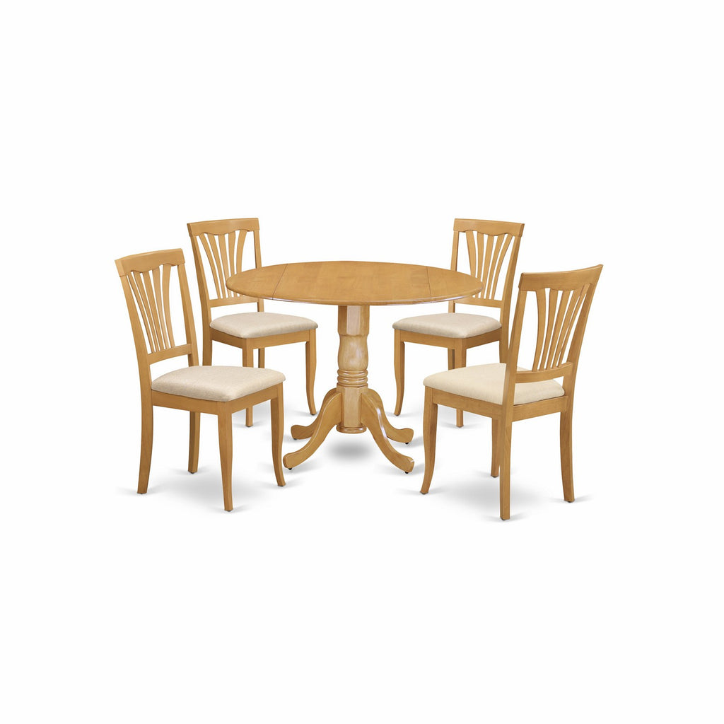 East West Furniture DLAV5-OAK-C 5 Piece Kitchen Table & Chairs Set Includes a Round Dining Table with Dropleaf and 4 Linen Fabric Dining Room Chairs