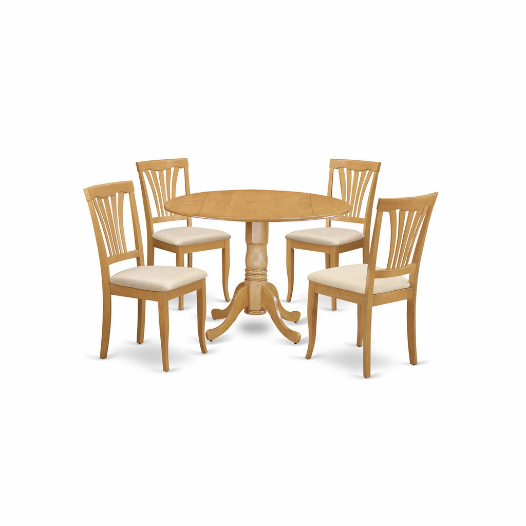 East West Furniture DLAV5-OAK-C 5 Piece Kitchen Table & Chairs Set Includes a Round Dining Table with Dropleaf and 4 Linen Fabric Dining Room Chairs, 42x42 Inch, Oak