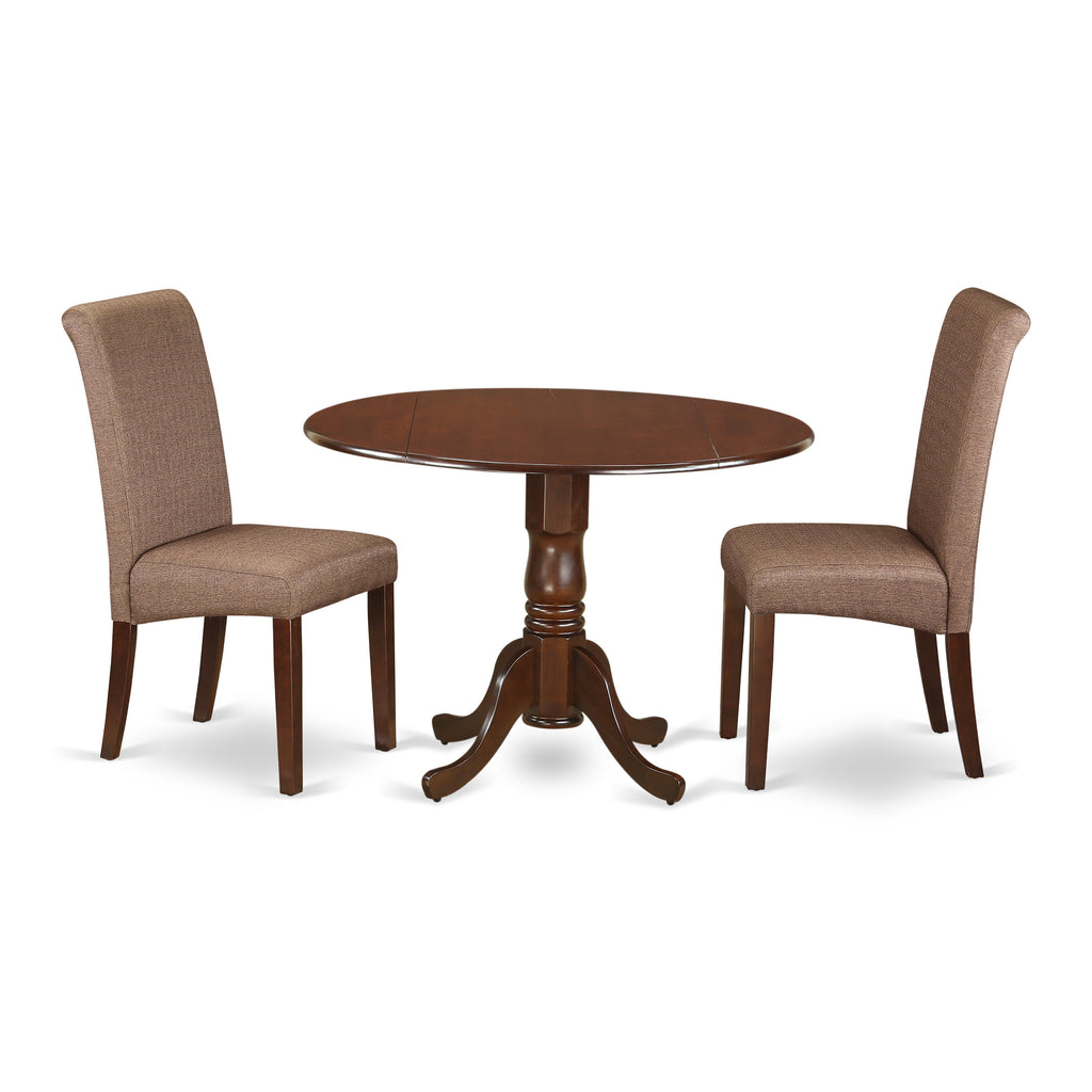 East West Furniture DLBA3-MAH-18 3 Piece Modern Dining Table Set Contains a Round Wooden Table with Dropleaf and 2 Brown Linen Linen Fabric Parsons Dining Chairs, 42x42 Inch, Mahogany