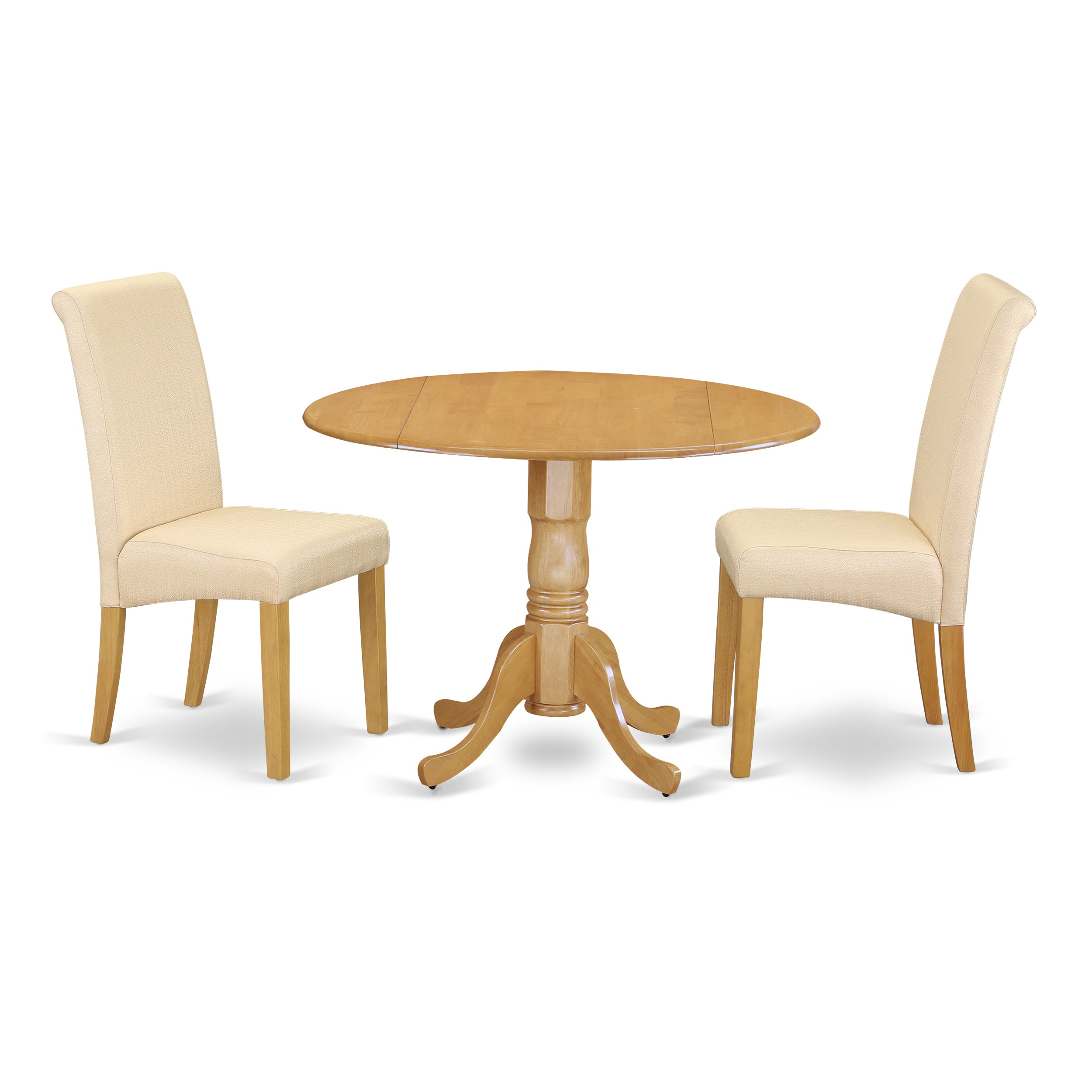 Juego de mesa de comedor de 3 piezas DLBA3-OAK-02 de East West Furniture. Contiene una mesa de comedor redonda con alas abatibles y 2 sillas tapizadas en tela de lino beige claro.