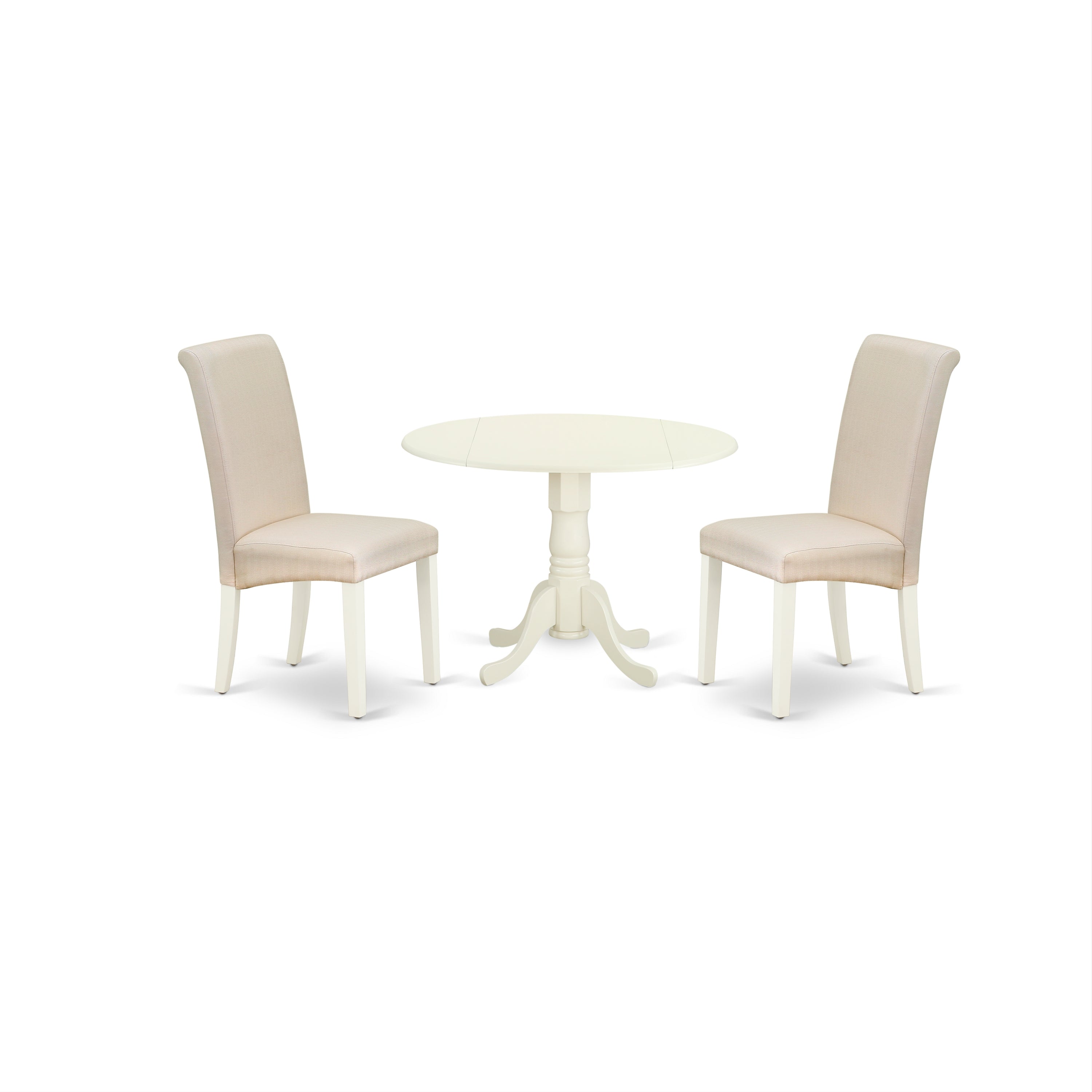 DLBA3-WHI-01 3Pc Dinette Set Includes a Small Rounded Kitchen Table with Drop Leaves and Two Parson Chairs with Cream Fabric, White Finish