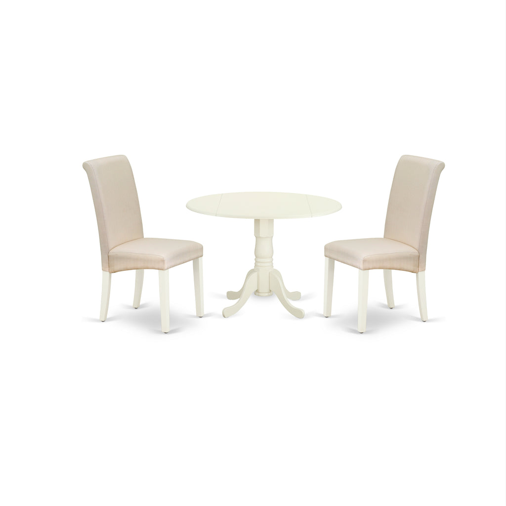 East West Furniture DLBA3-WHI-01 3 Piece Modern Dining Table Set Contains a Round Wooden Table with Dropleaf and 2 Cream Linen Fabric Upholstered Parson Chairs, 42x42 Inch, Linen White