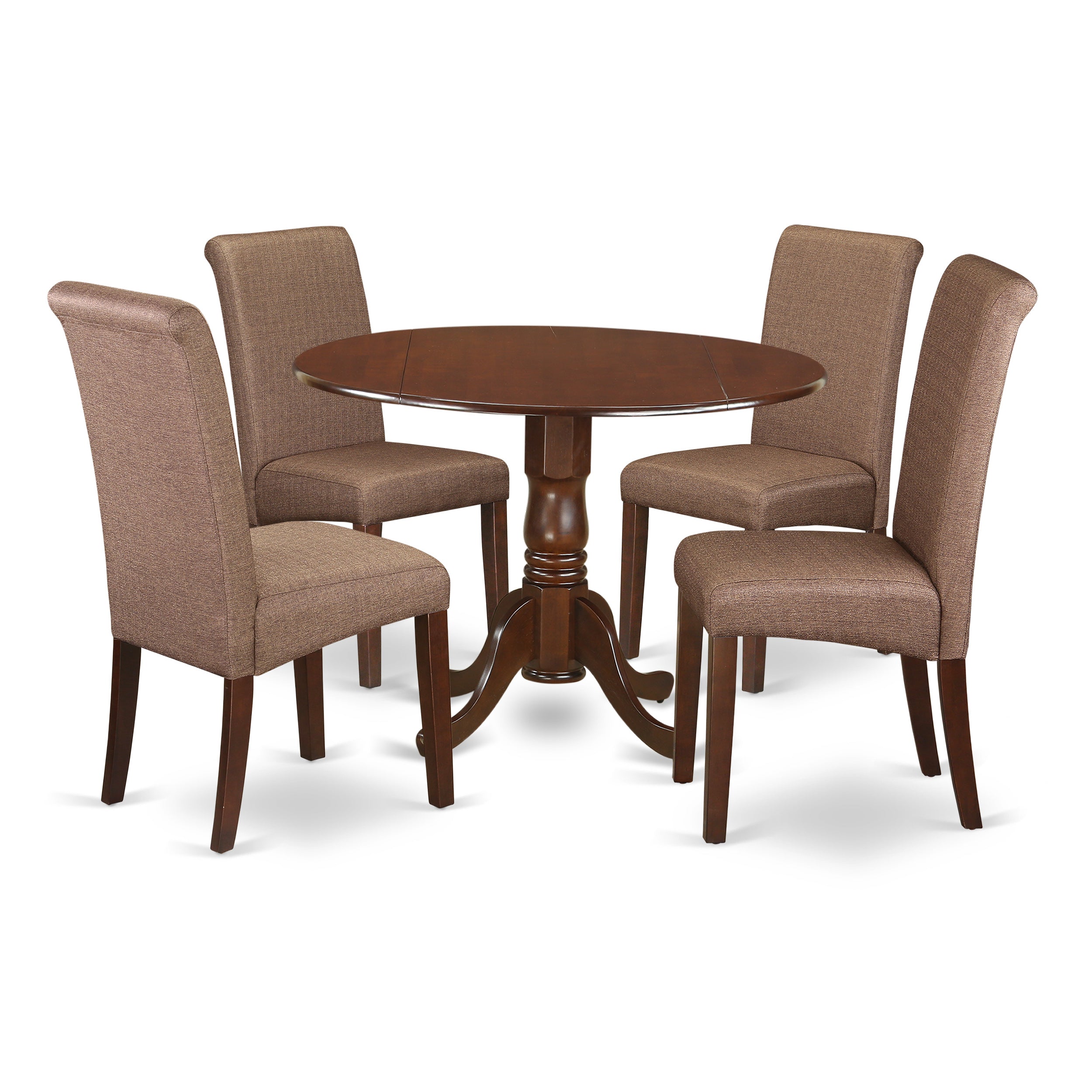 El juego de mesa de comedor de 5 piezas East West Furniture DLBA5-MAH-18 incluye una mesa de cocina redonda con alas abatibles y 4 sillas de comedor Parson de tela de lino marrón.