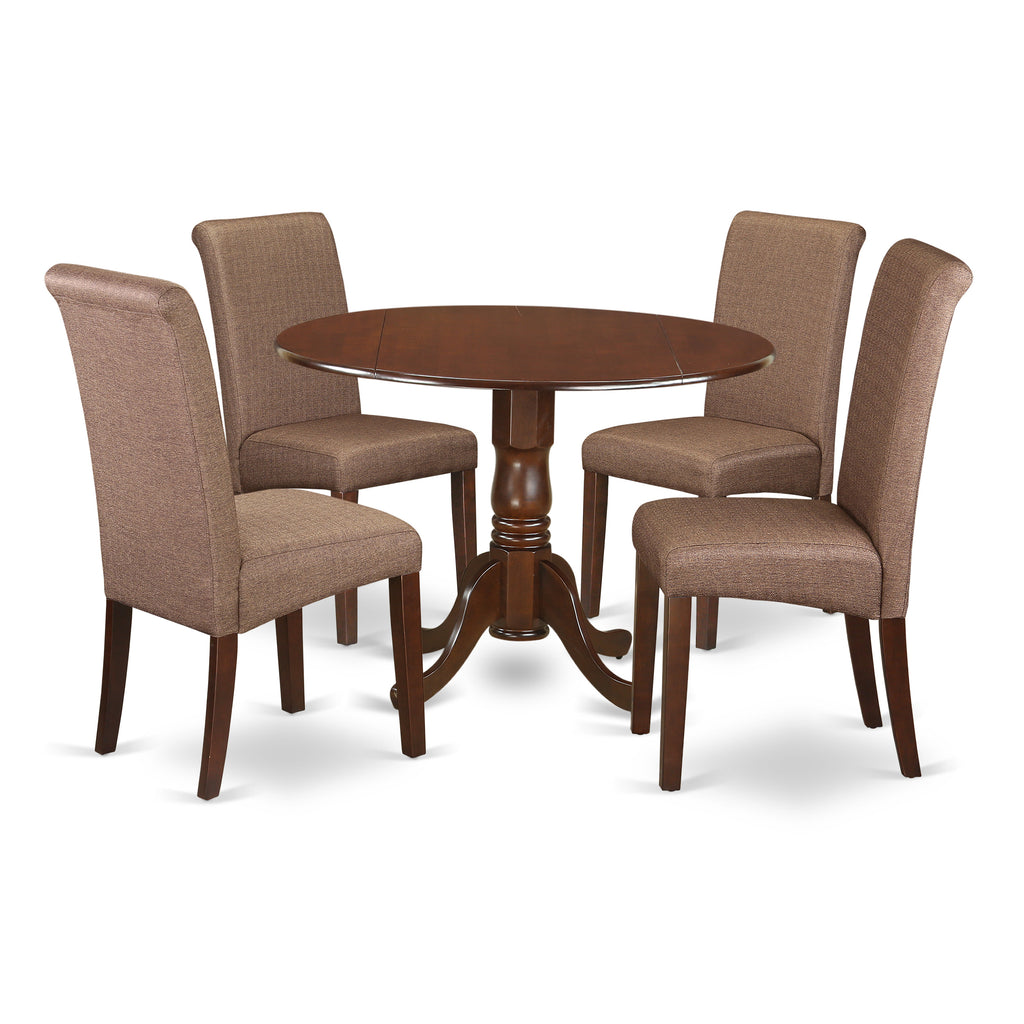 East West Furniture DLBA5-MAH-18 5 Piece Dining Room Table Set Includes a Round Kitchen Table with Dropleaf and 4 Brown Linen Linen Fabric Parson Dining Chairs, 42x42 Inch, Mahogany
