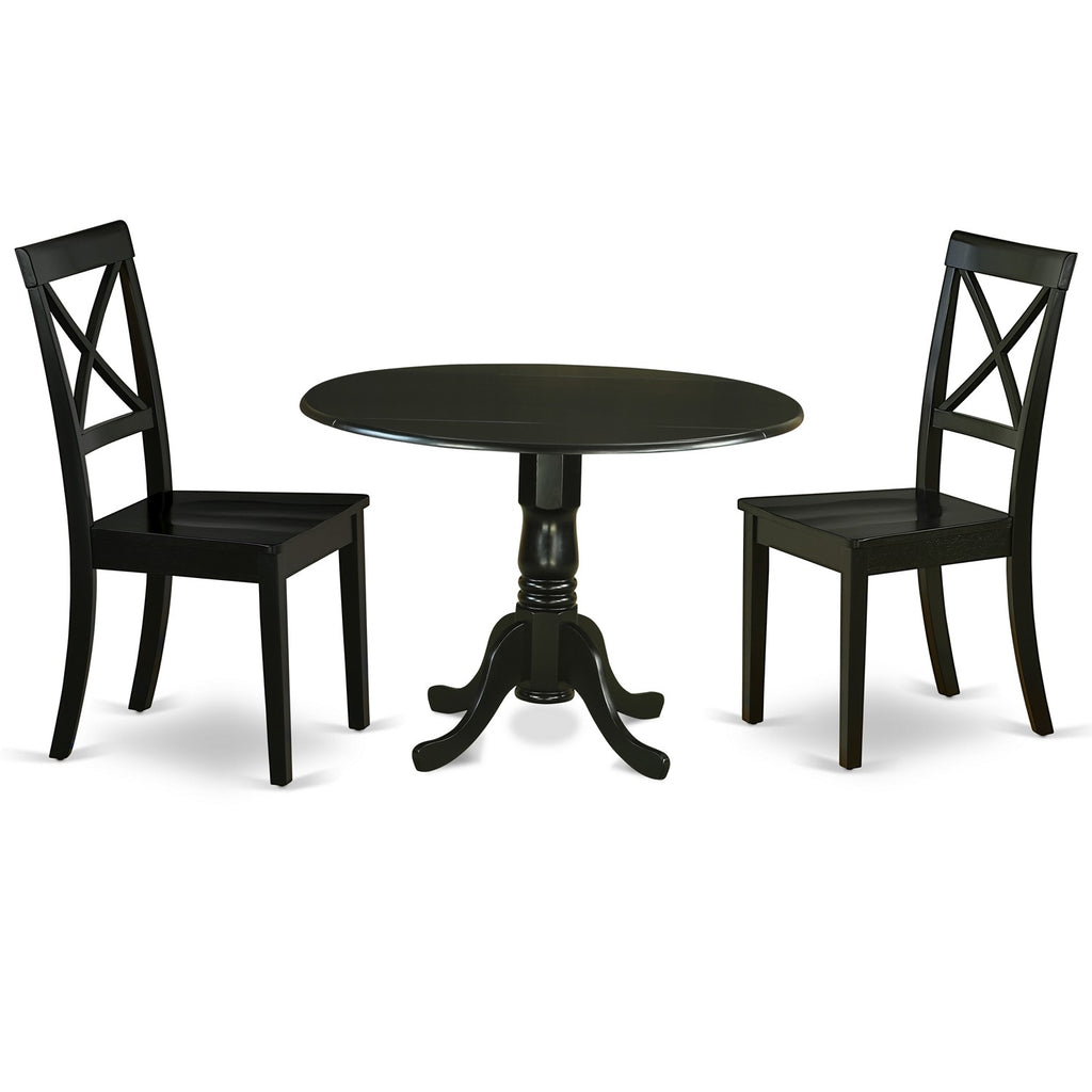 Juego de mesa de comedor de 3 piezas East West Furniture DLBO3-BLK-W para espacios pequeños. Contiene una mesa de comedor redonda con alas abatibles y 2 sillas con asiento de madera.