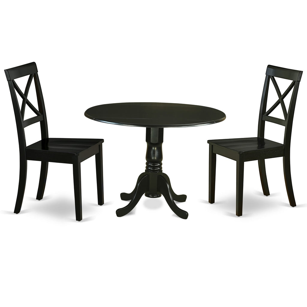 East West Furniture DLBO3-BLK-W 3 Piece Dining Table Set for Small Spaces Contains a Round Dining Room Table with Dropleaf and 2 Wood Seat Chairs, 42x42 Inch, Black