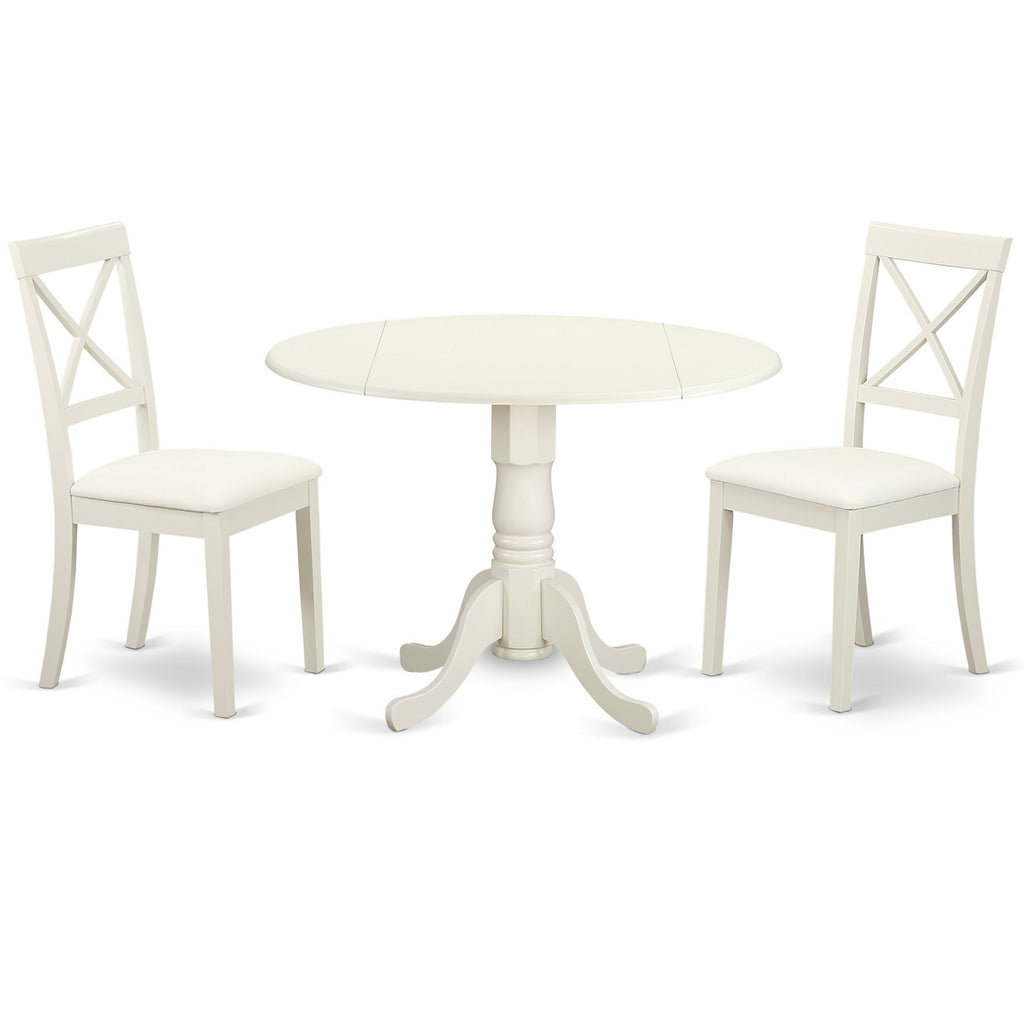 East West Furniture DLBO3-LWH-LC 3 Piece Modern Dining Table Set Contains a Round Wooden Table with Dropleaf and 2 Faux Leather Kitchen Dining Chairs, 42x42 Inch, Linen White
