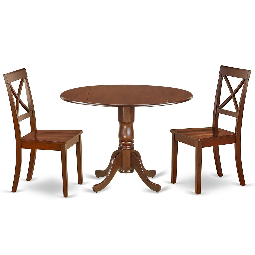 Juego de mesa de comedor moderna de 3 piezas DLBO3-MAH-W de East West Furniture. Contiene una mesa redonda de madera con alas abatibles y 2 sillas de comedor.