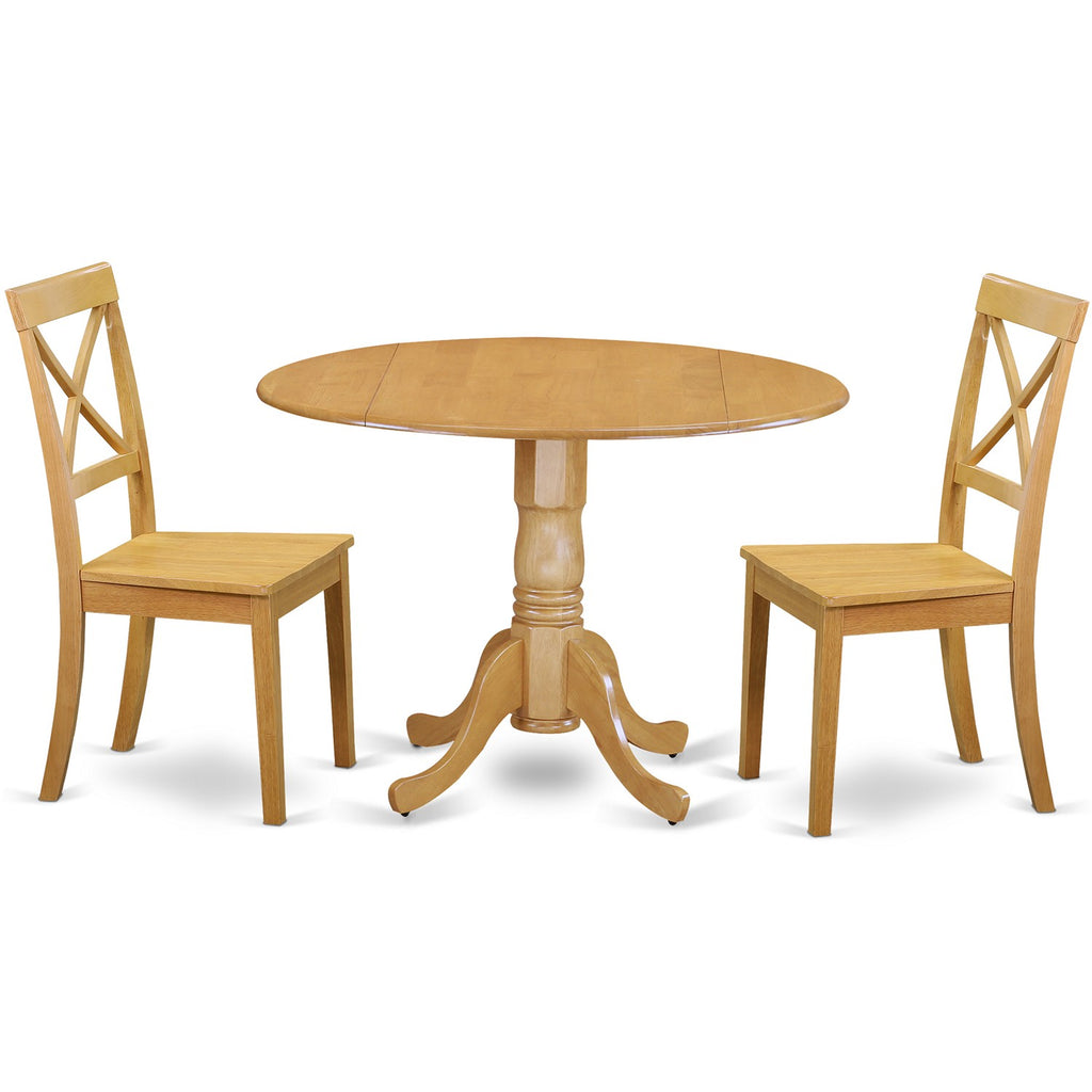 Juego de comedor de 3 piezas DLBO3-OAK-W de East West Furniture. Contiene una mesa de comedor redonda con alas abatibles y 2 sillas con asiento de madera.
