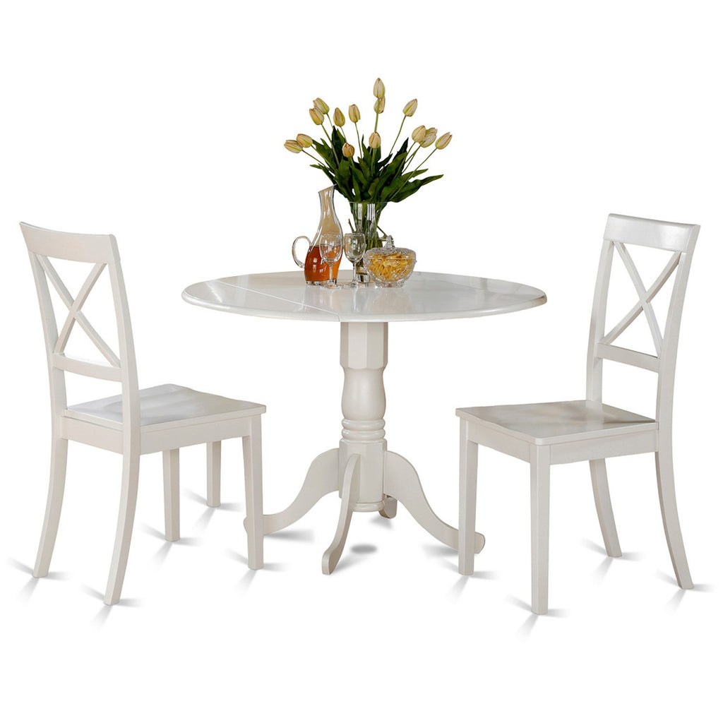 East West Furniture DLBO3-WHI-W 3 Piece Dining Room Table Set  Contains a Round Kitchen Table with Dropleaf and 2 Dining Chairs, 42x42 Inch, Linen White