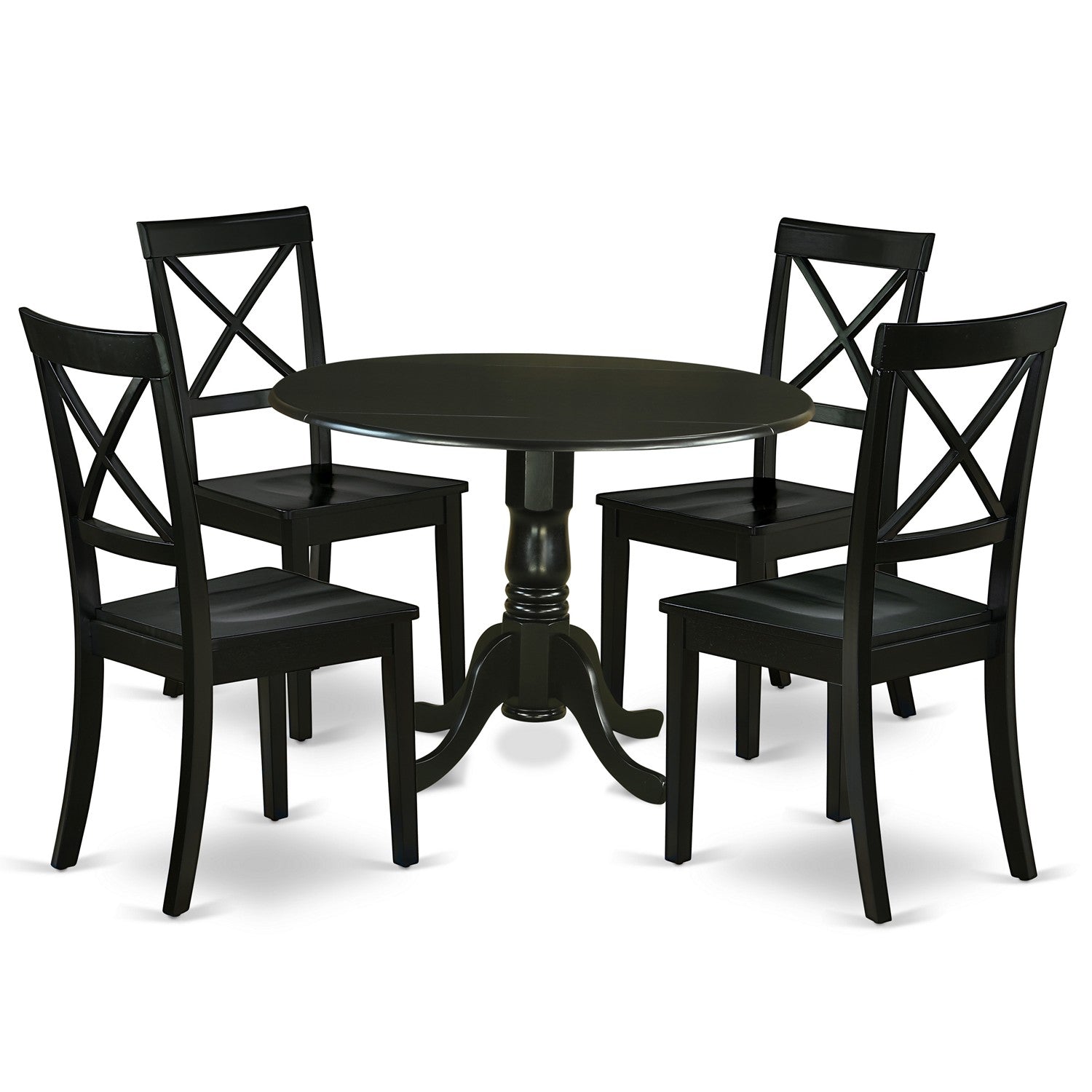 DLBO5-BLK-W 5Pc Rounded 42" Table With Two 9-Inch Drop Leaves And Four Wood Seat Dining Chairs