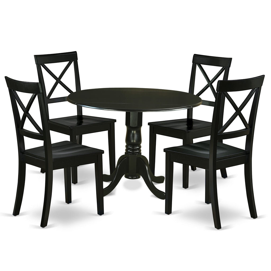 East West Furniture DLBO5-BLK-W 5 Piece Dinette Set for 4 Includes a Round Dining Room Table with Dropleaf and 4 Kitchen Dining Chairs