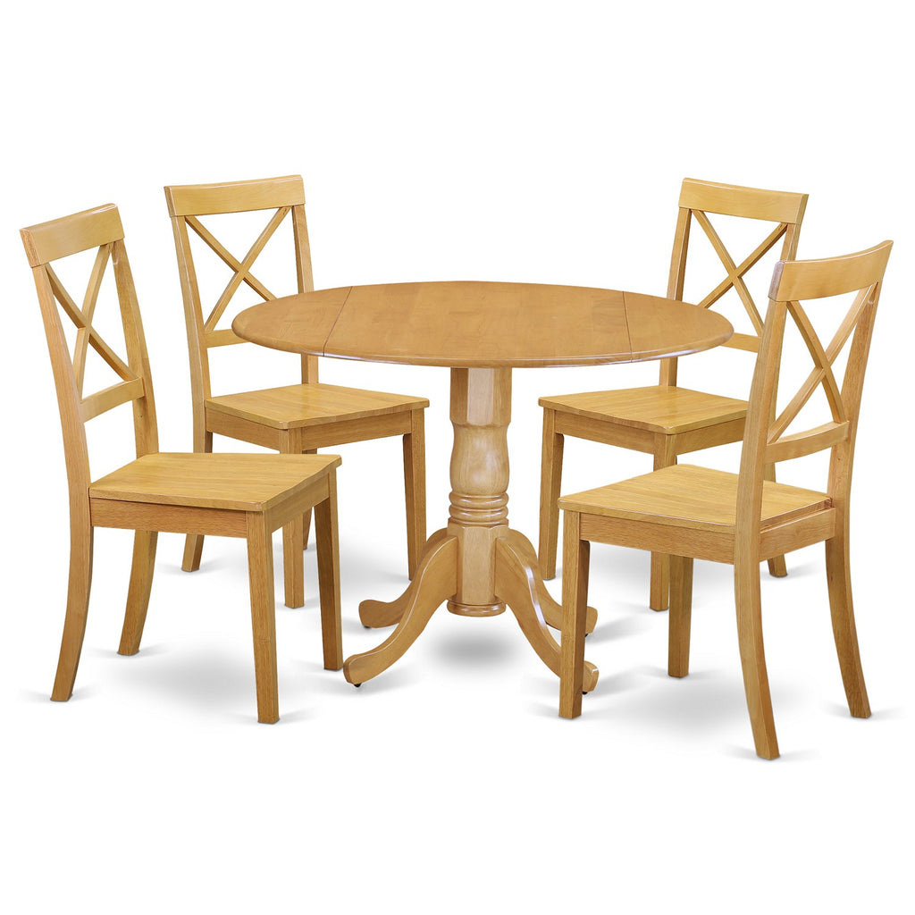 El juego de comedor de 5 piezas DLBO5-OAK-W de East West Furniture incluye una mesa de comedor redonda con alas abatibles y 4 sillas de cocina.