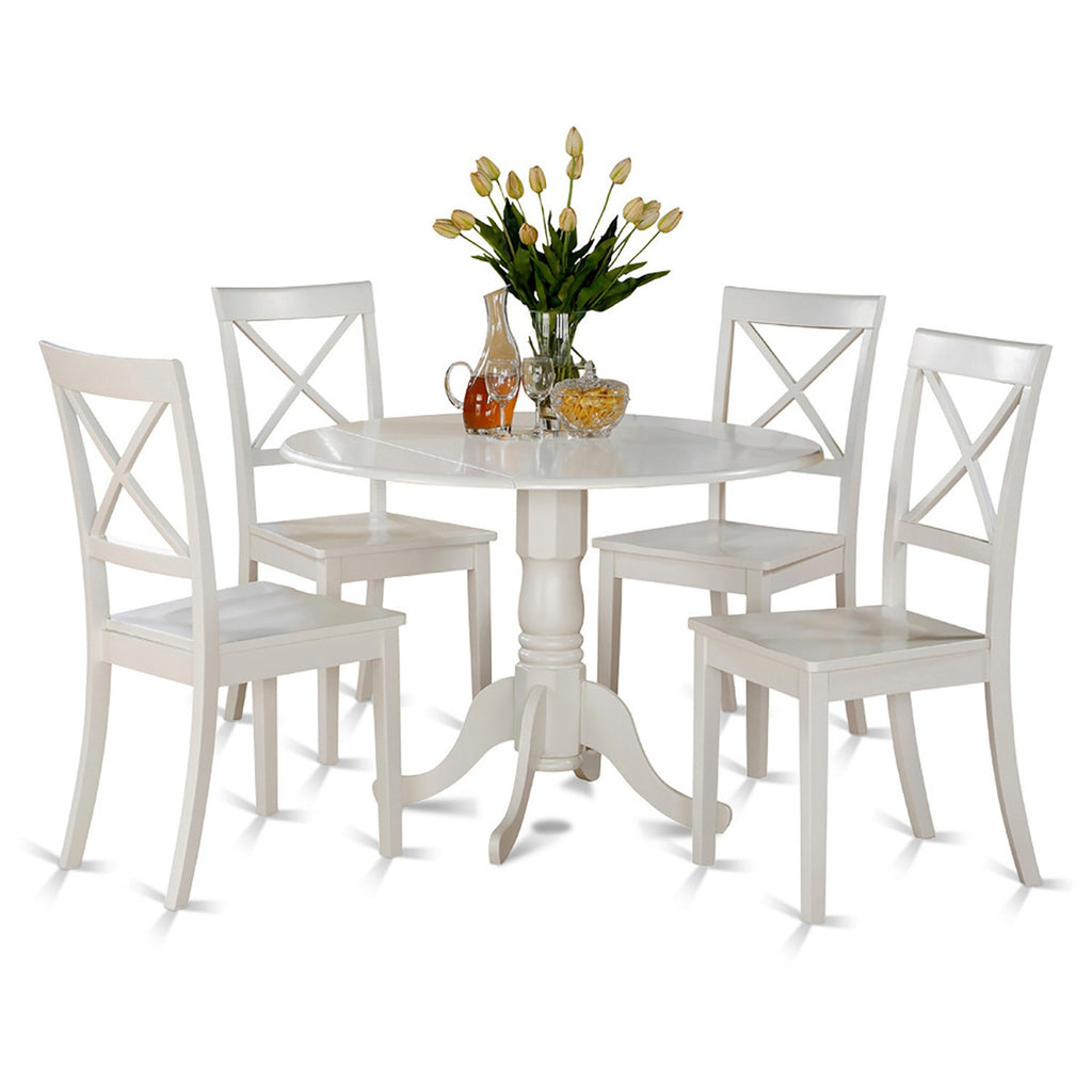 East West Furniture DLBO5-WHI-W 5 Piece Kitchen Table Set for 4 Includes a Round Dining Room Table with Dropleaf and 4 Solid Wood Seat Chairs