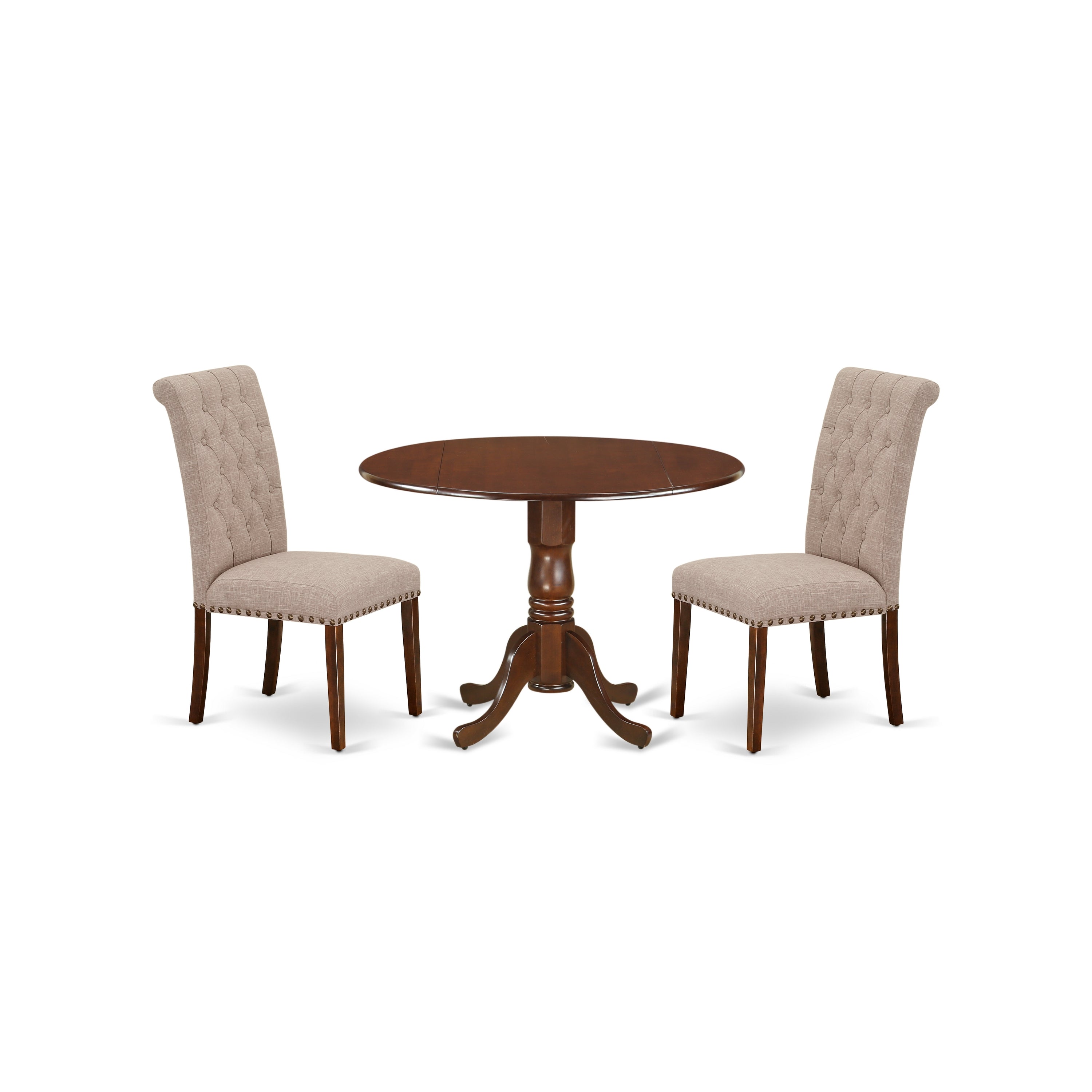 Juego de comedor de 3 piezas East West Furniture DLBR3-MAH-04. Incluye una mesa de comedor redonda con alas abatibles y dos sillas Parsons de tela de lino color tostado claro.