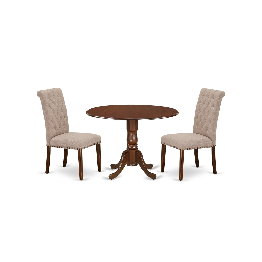 East West Furniture DLBR3-MAH-04 3 Piece Dining Room Furniture Set Contains a Round Dining Table with Dropleaf and 2 Light Tan Linen Fabric Parsons Chairs, 42x42 Inch, Mahogany