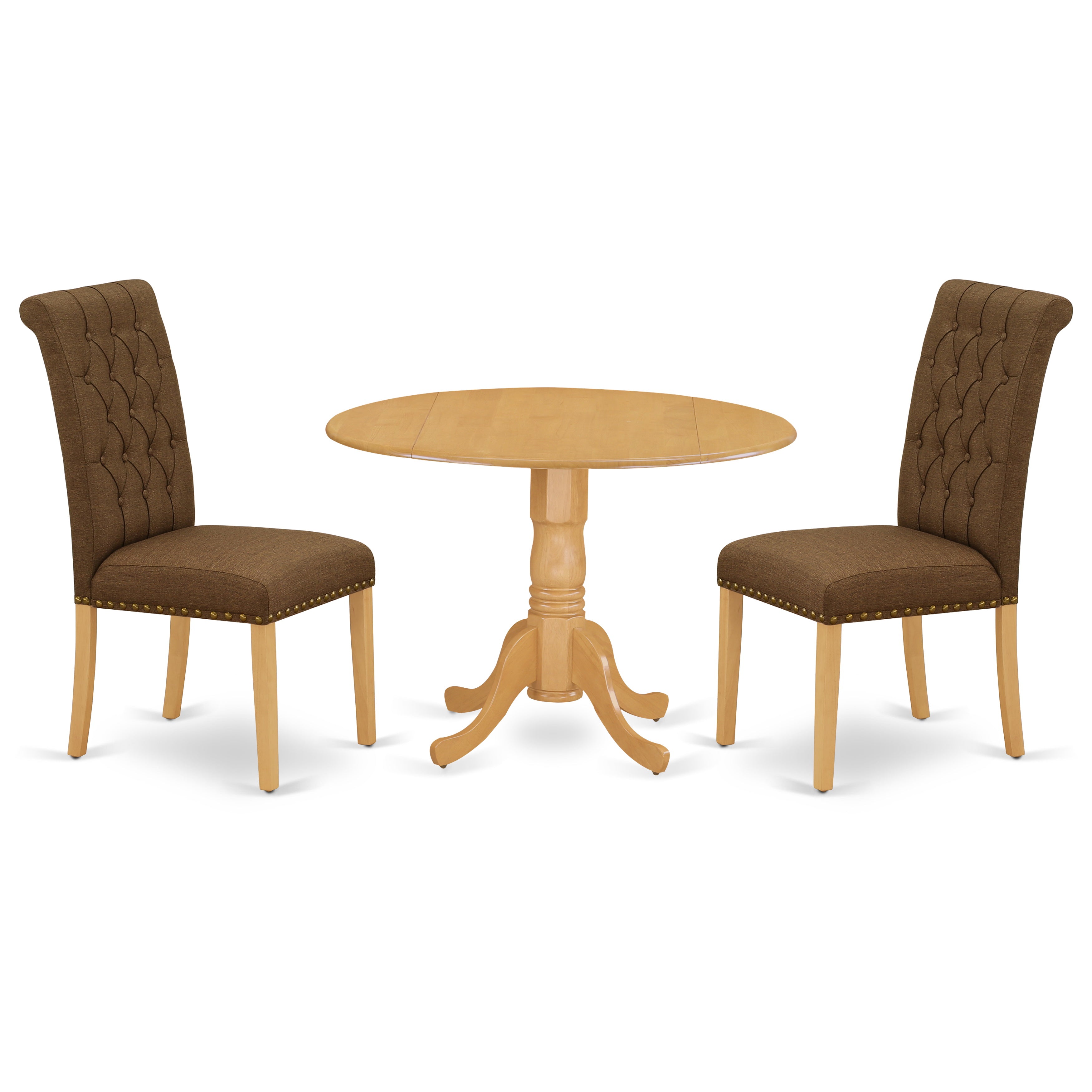 DLBR3-OAK-18 3Pc Dinette Set Includes a Rounded Kitchen Table with Drop Leaves and Two Parson Chairs with Dark Coffee Fabric, Oak Finish