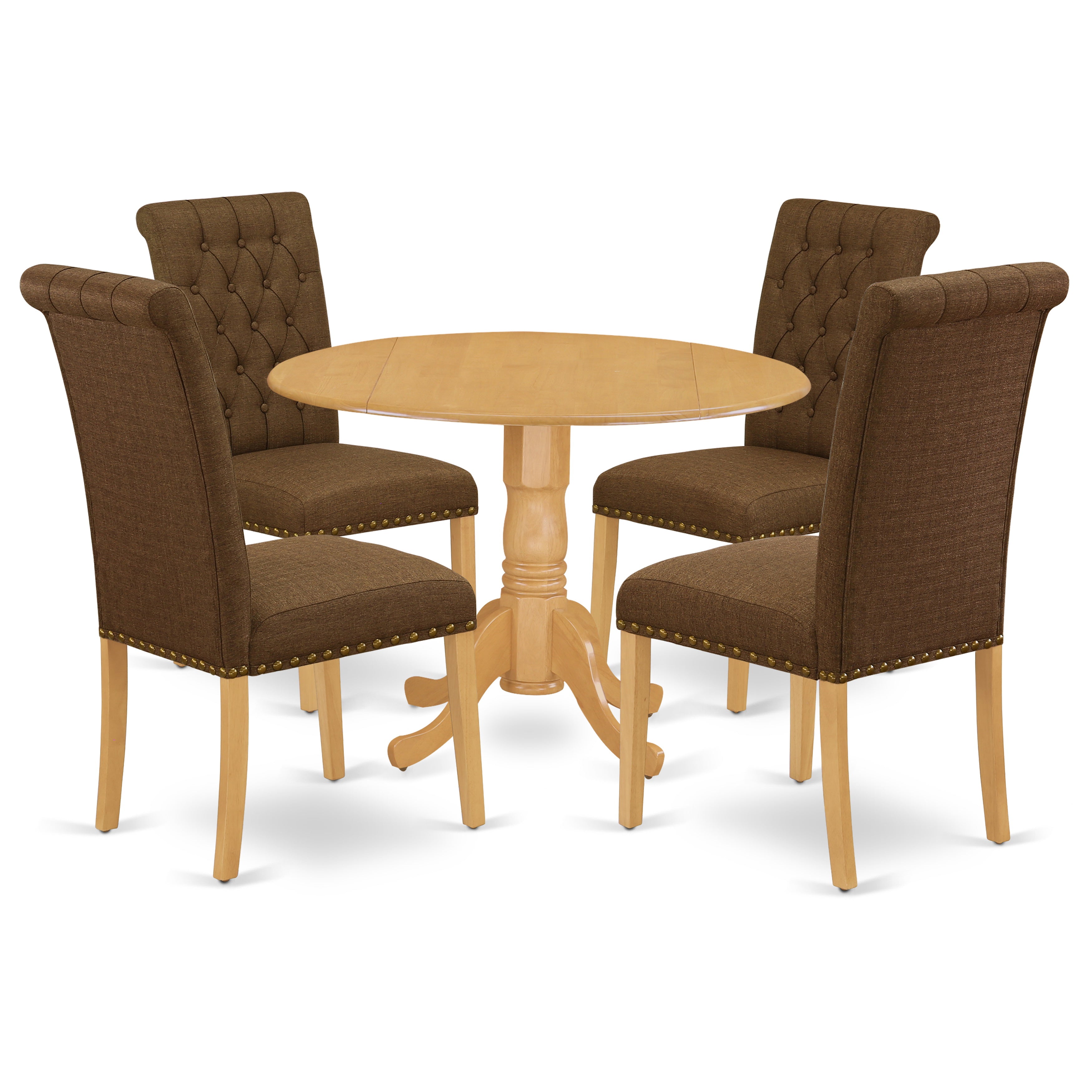 DLBR5-OAK-18 5Pc Dining Set Includes a Round Dinette Table with Drop Leaves and Four Parson Chairs with Dark Coffee Fabric, Oak Finish
