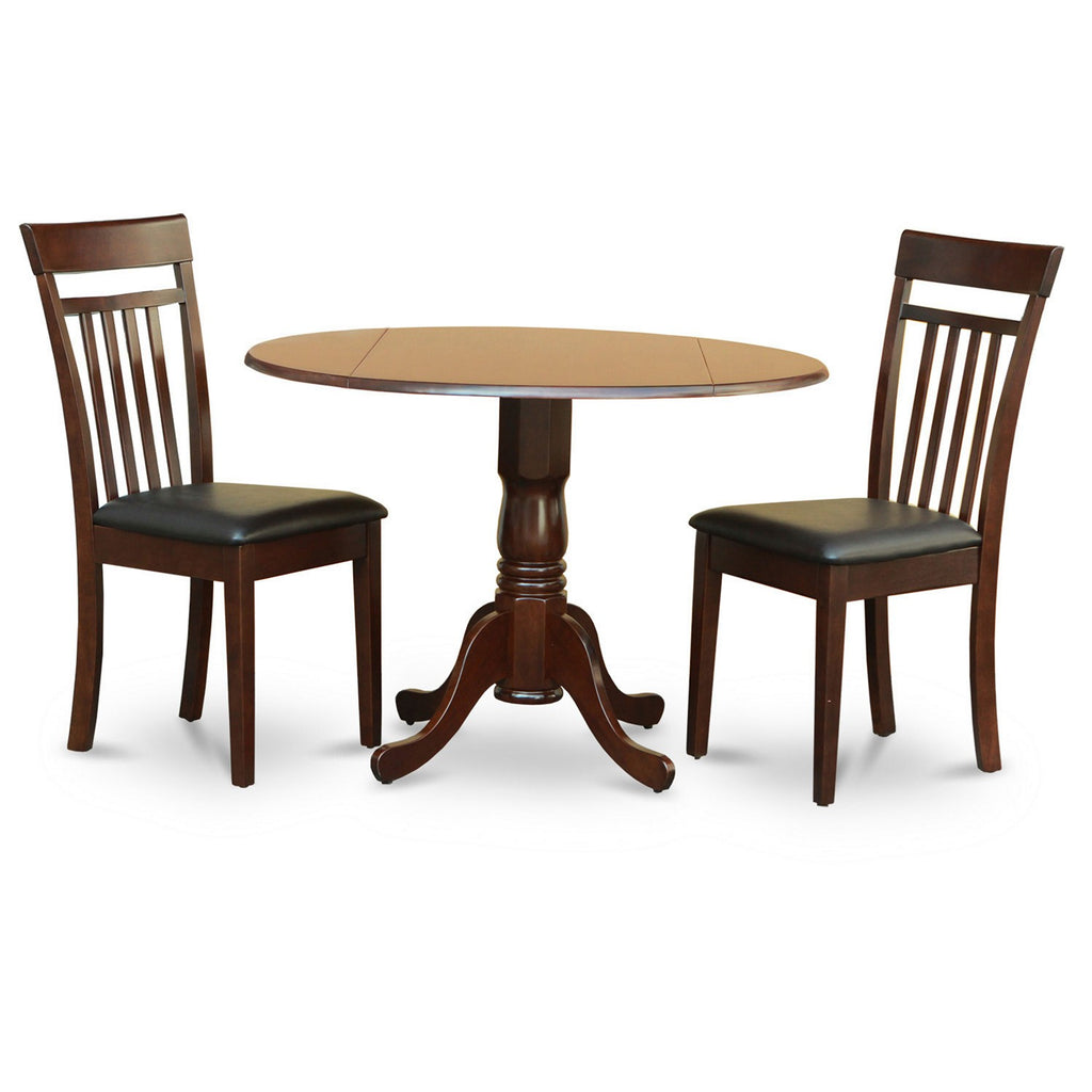 East West Furniture DLCA3-MAH-LC 3 Piece Dining Set Contains a Round Dining Table with Dropleaf and 2 Faux Leather Kitchen Room Chairs, 42x42 Inch, Mahogany